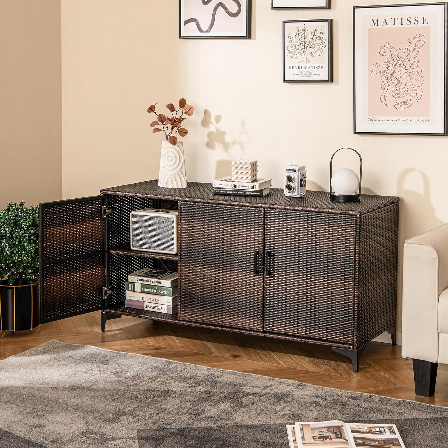 image:imageGiantex 84Gallon Wicker Deck Box Patio Storage Cabinet 3Door PE Rattan Storage Container with Removable Shelves Indoor amp Outdoor Package Box for Porch Patio Furniture Cushions Tools BrownBrown