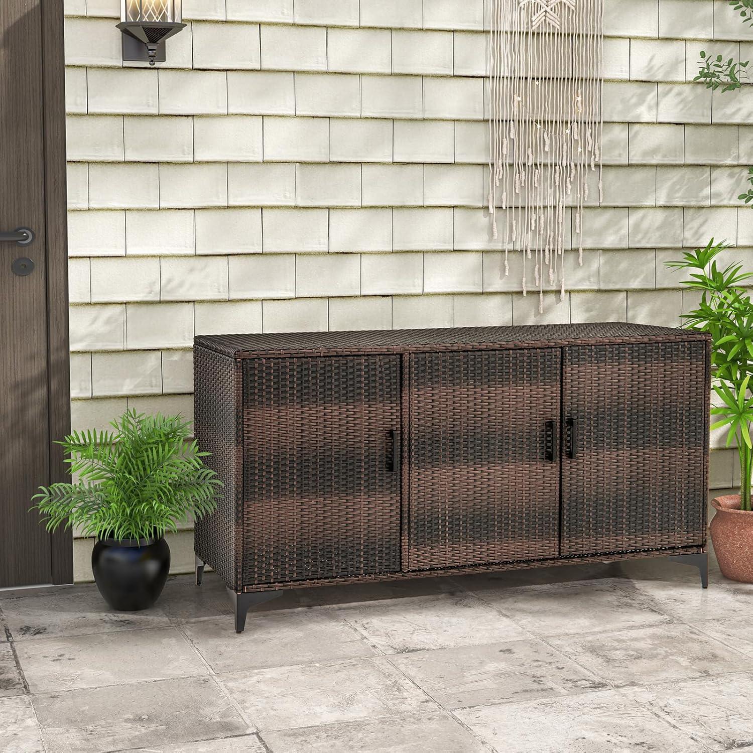 image:imageGiantex 84Gallon Wicker Deck Box Patio Storage Cabinet 3Door PE Rattan Storage Container with Removable Shelves Indoor amp Outdoor Package Box for Porch Patio Furniture Cushions Tools BrownBrown