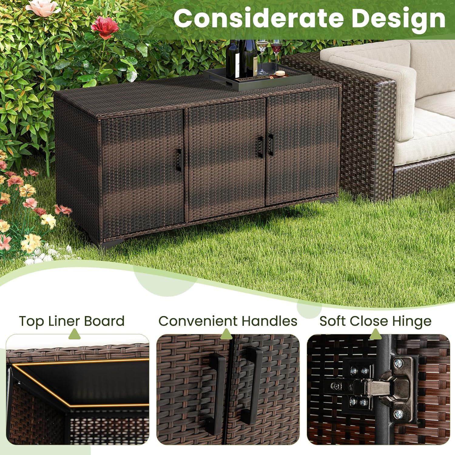 image:imageGiantex 84Gallon Wicker Deck Box Patio Storage Cabinet 3Door PE Rattan Storage Container with Removable Shelves Indoor amp Outdoor Package Box for Porch Patio Furniture Cushions Tools BrownBrown