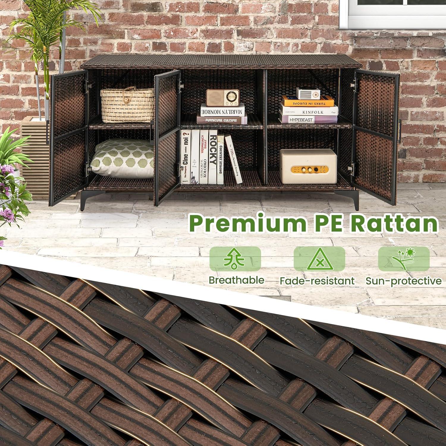 image:imageGiantex 84Gallon Wicker Deck Box Patio Storage Cabinet 3Door PE Rattan Storage Container with Removable Shelves Indoor amp Outdoor Package Box for Porch Patio Furniture Cushions Tools BrownBrown