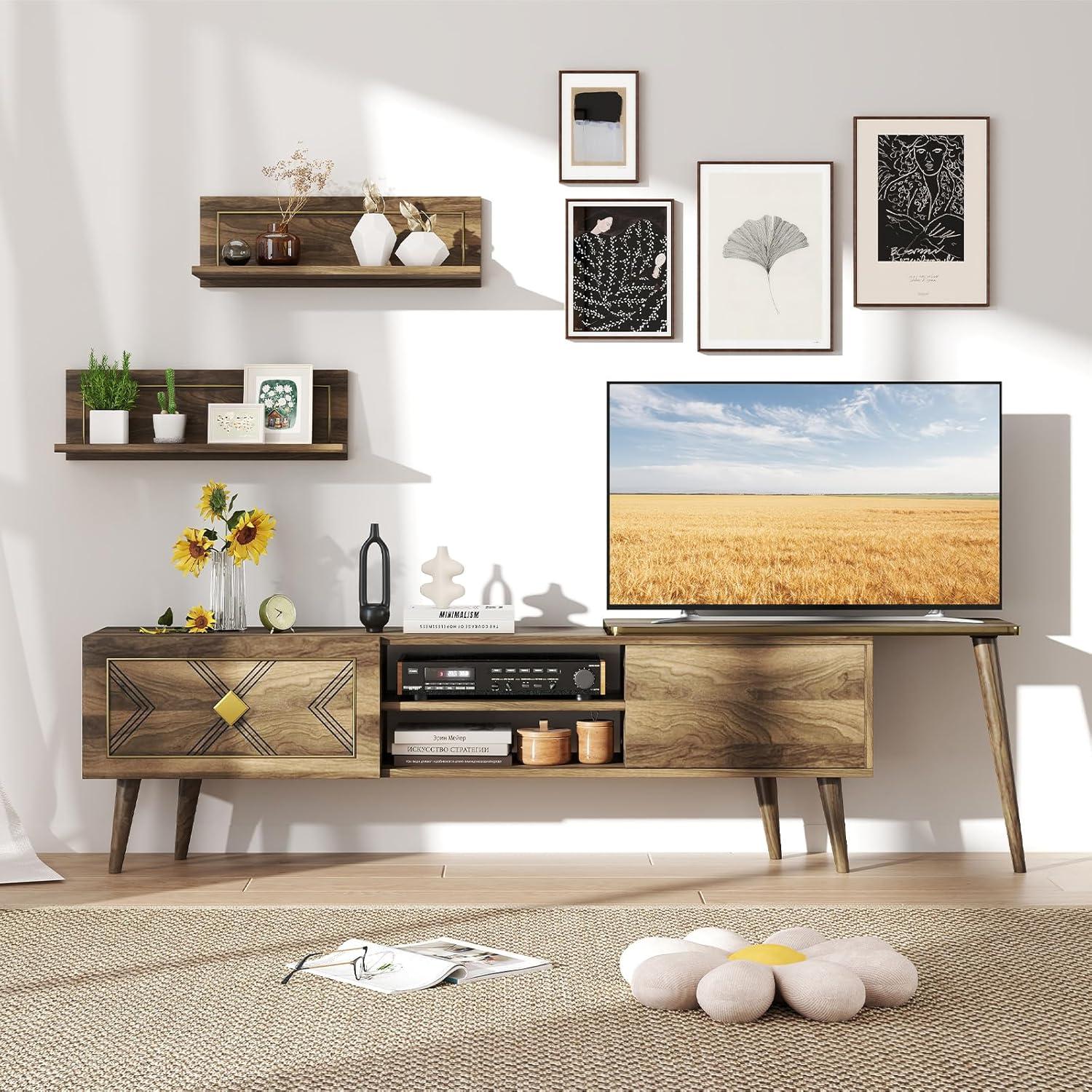 image:imageGiantex 85 Inch TV Stand amp 2 Floating Shelves Set MidCentury Modern TV Entertainment Center wCabinets Open Compartments amp 5 Support Legs Wood Media Console Table for Living Room Bedroom Walnut