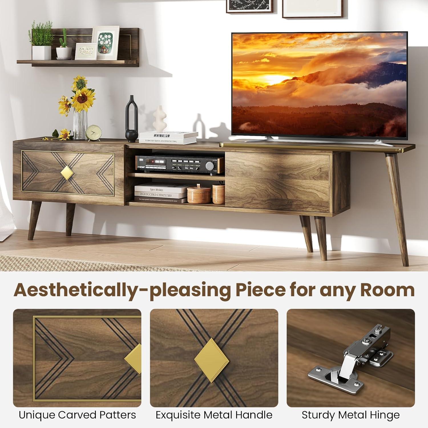 image:imageGiantex 85 Inch TV Stand amp 2 Floating Shelves Set MidCentury Modern TV Entertainment Center wCabinets Open Compartments amp 5 Support Legs Wood Media Console Table for Living Room Bedroom Walnut