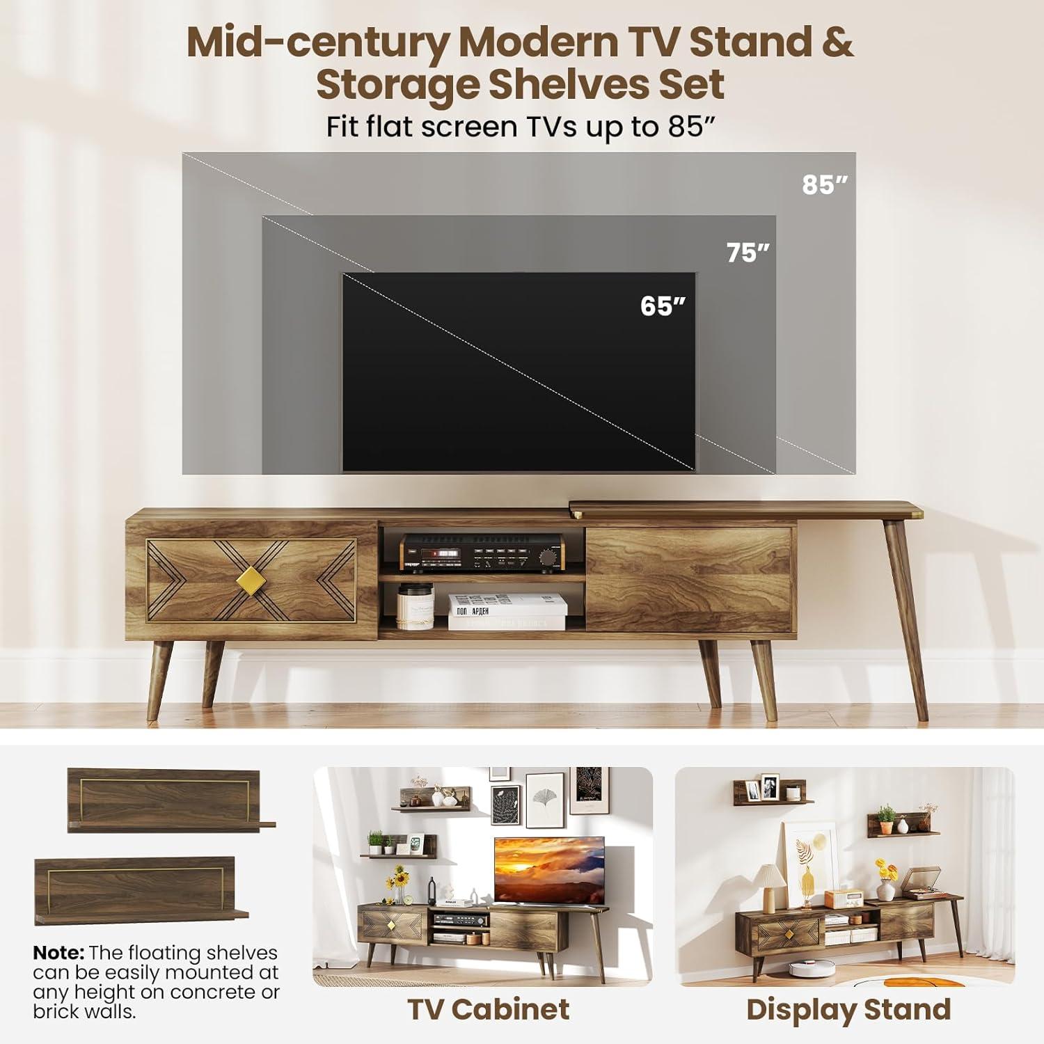 image:imageGiantex 85 Inch TV Stand amp 2 Floating Shelves Set MidCentury Modern TV Entertainment Center wCabinets Open Compartments amp 5 Support Legs Wood Media Console Table for Living Room Bedroom Walnut