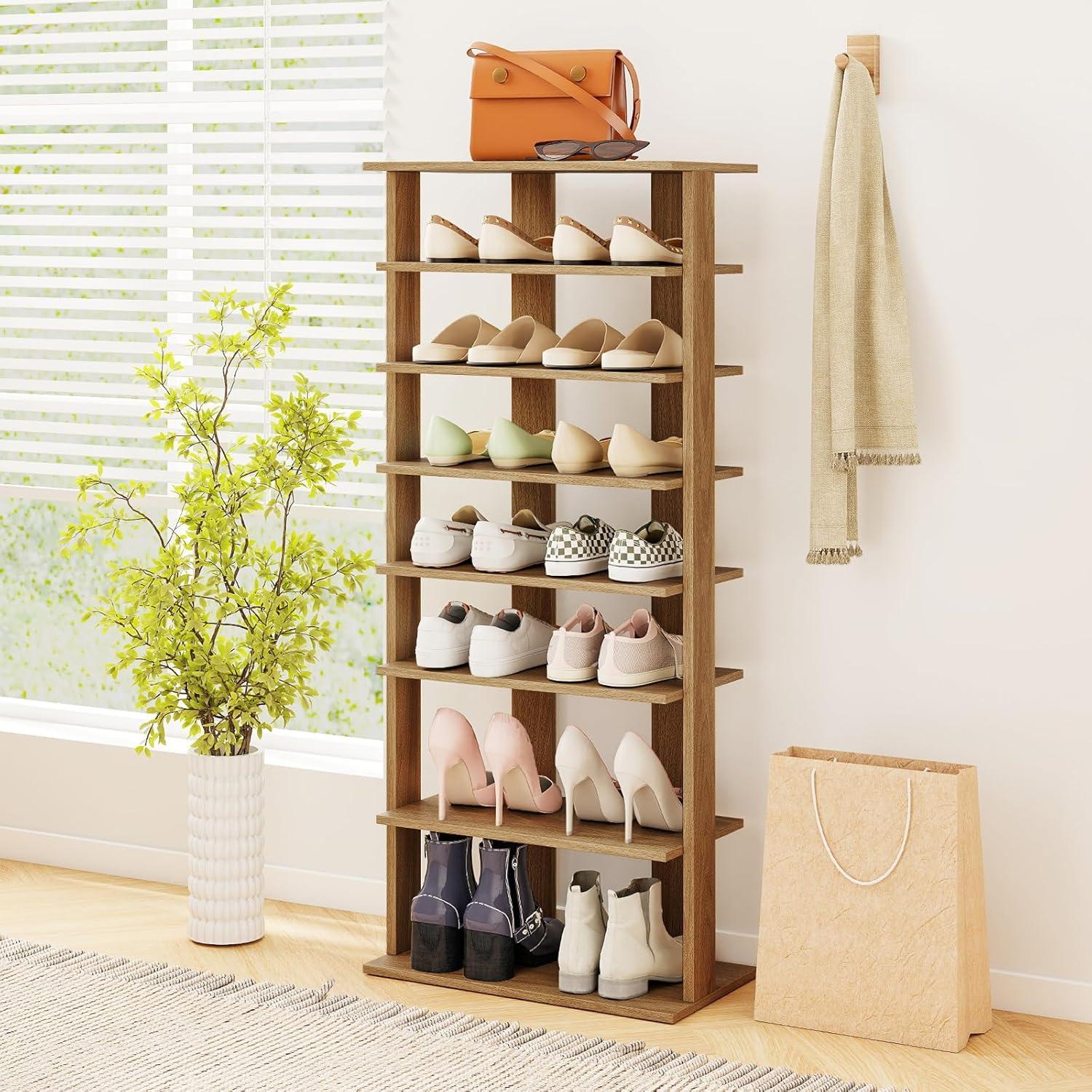 image:imageGiantex 8Tier Vertical Shoe Rack Patented Corner Shoe Storage Organizer for 8 Pairs Freestanding Narrow Shoe Rack Morden SpaceSaving Shoe Tower for Entryway Living Room Bedroom White SingleNatural