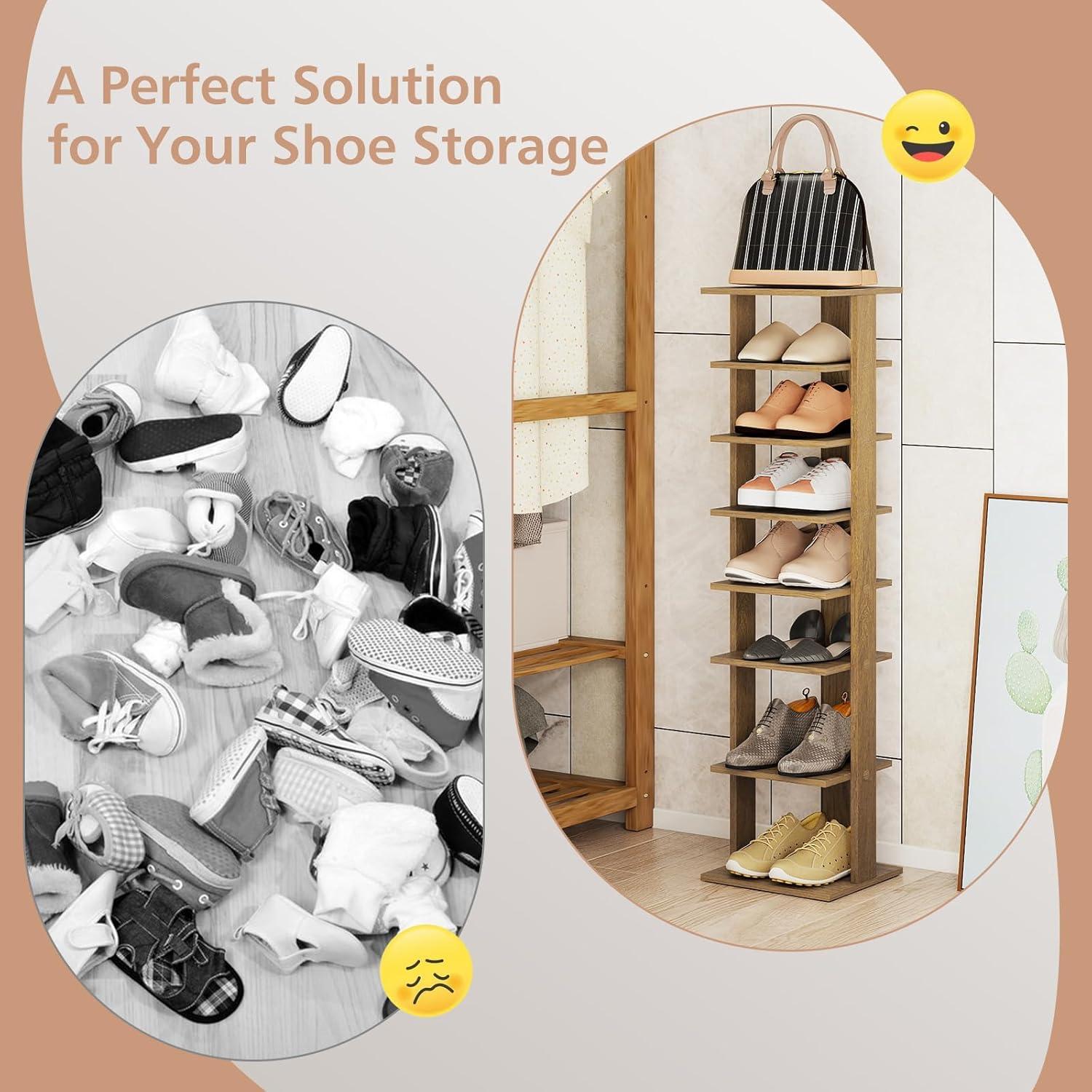 image:imageGiantex 8Tier Vertical Shoe Rack Patented Corner Shoe Storage Organizer for 8 Pairs Freestanding Narrow Shoe Rack Morden SpaceSaving Shoe Tower for Entryway Living Room Bedroom White SingleNatural