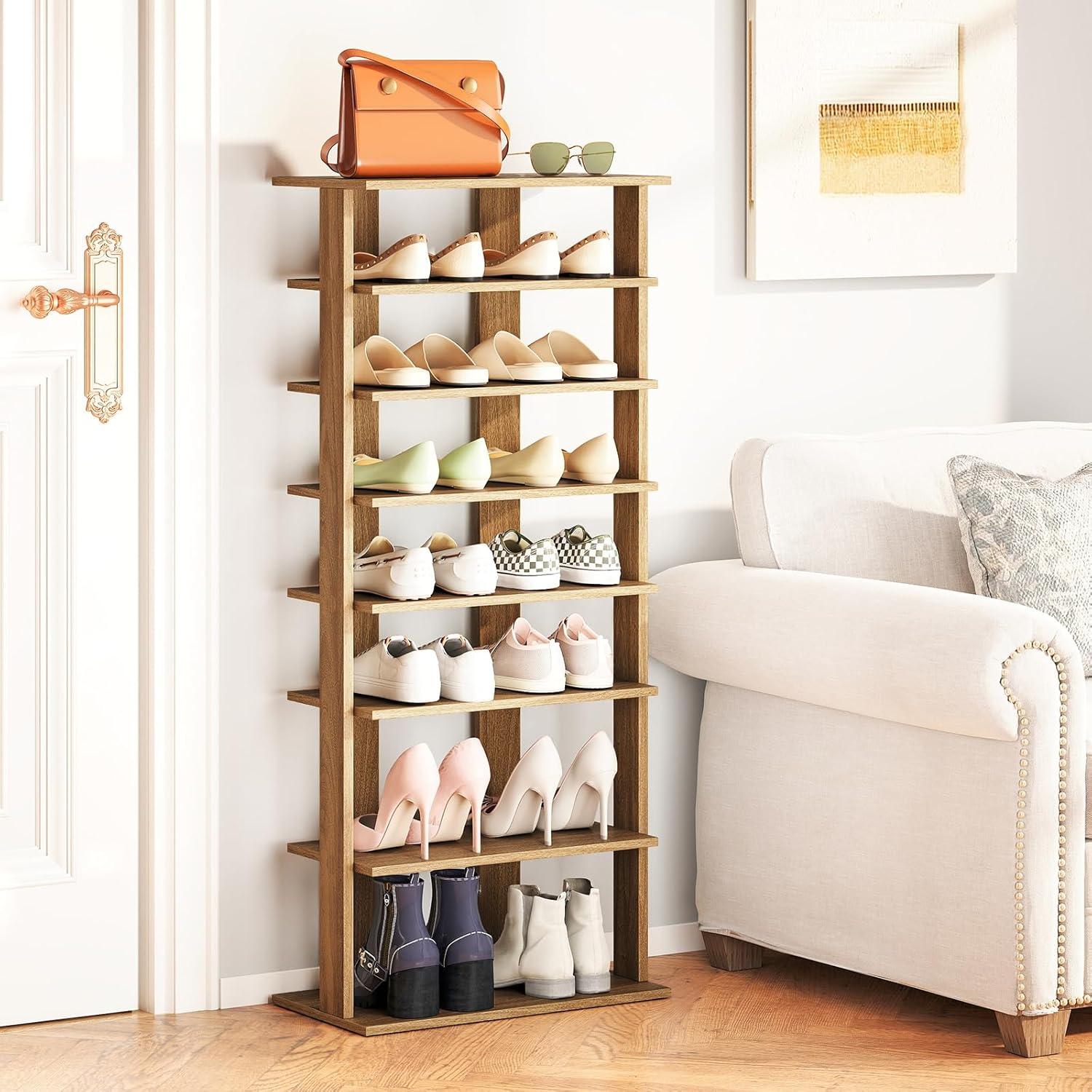 image:imageGiantex 8Tier Vertical Shoe Rack Patented Corner Shoe Storage Organizer for 8 Pairs Freestanding Narrow Shoe Rack Morden SpaceSaving Shoe Tower for Entryway Living Room Bedroom White SingleNatural