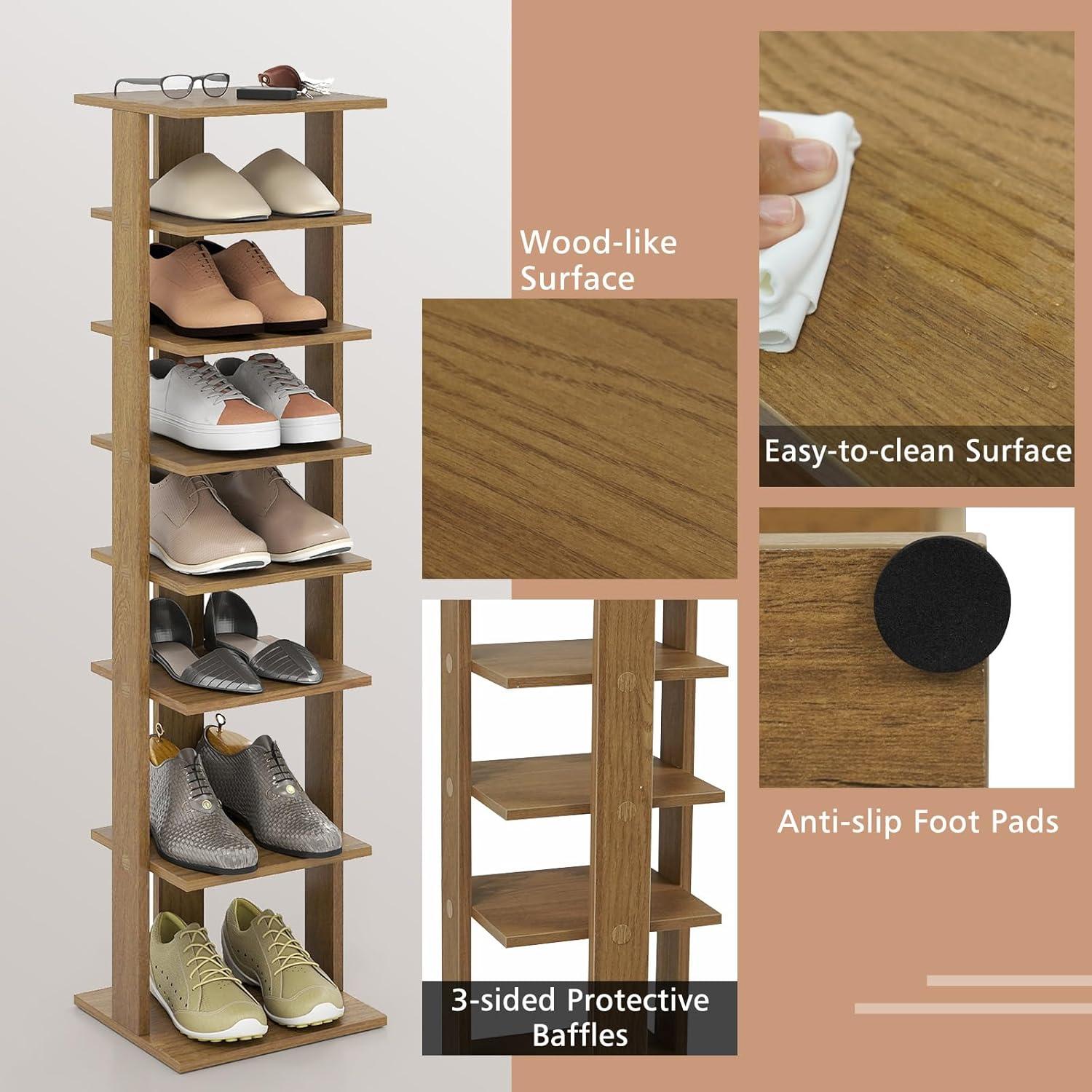 image:imageGiantex 8Tier Vertical Shoe Rack Patented Corner Shoe Storage Organizer for 8 Pairs Freestanding Narrow Shoe Rack Morden SpaceSaving Shoe Tower for Entryway Living Room Bedroom White SingleNatural