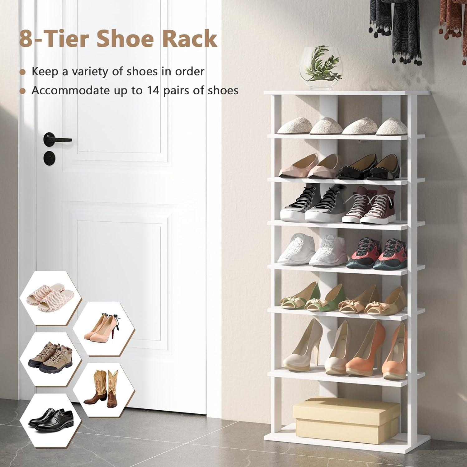 image:imageGiantex 8Tier Vertical Shoe Rack Patented Corner Shoe Storage Organizer for 8 Pairs Freestanding Narrow Shoe Rack Morden SpaceSaving Shoe Tower for Entryway Living Room Bedroom White SingleWhite
