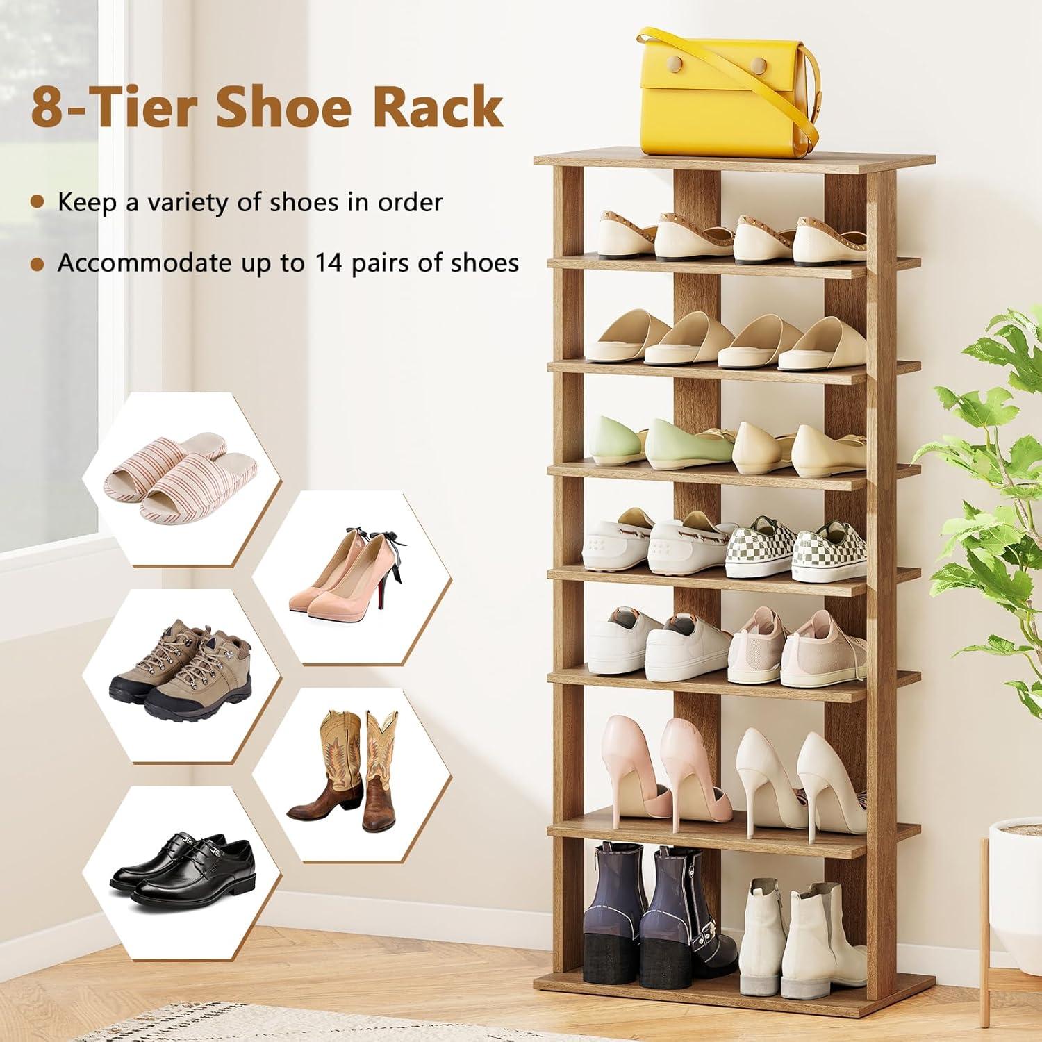 image:imageGiantex 8Tier Vertical Shoe Rack Patented Corner Shoe Storage Organizer for 8 Pairs Freestanding Narrow Shoe Rack Morden SpaceSaving Shoe Tower for Entryway Living Room Bedroom White SingleNatural