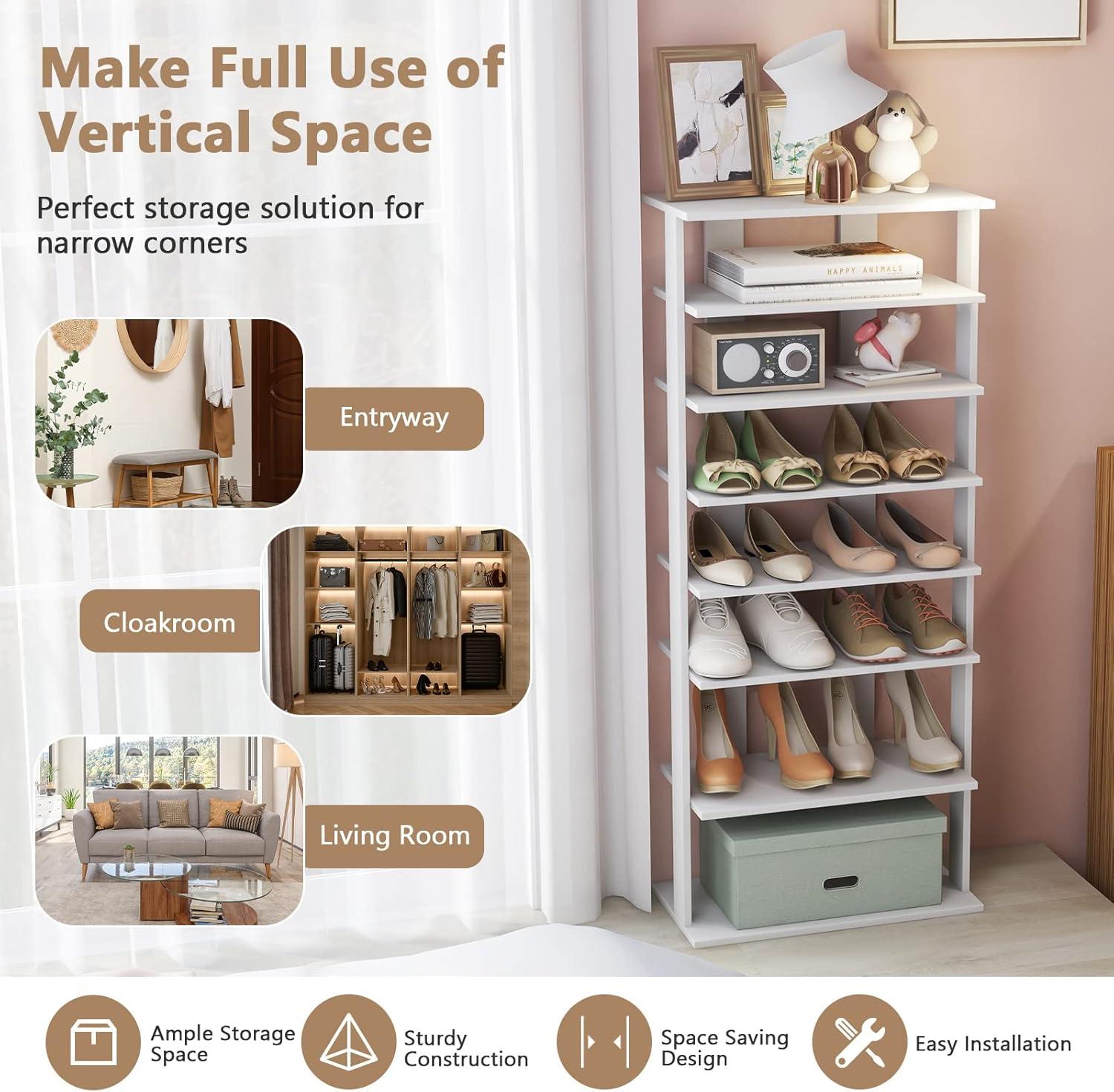 image:imageGiantex 8Tier Vertical Shoe Rack Patented Corner Shoe Storage Organizer for 8 Pairs Freestanding Narrow Shoe Rack Morden SpaceSaving Shoe Tower for Entryway Living Room Bedroom White SingleWhite