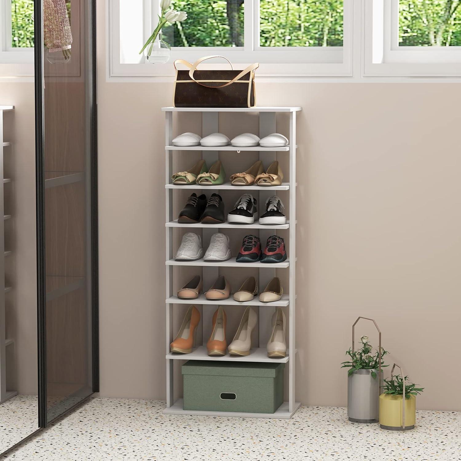 image:imageGiantex 8Tier Vertical Shoe Rack Patented Corner Shoe Storage Organizer for 8 Pairs Freestanding Narrow Shoe Rack Morden SpaceSaving Shoe Tower for Entryway Living Room Bedroom White SingleWhite