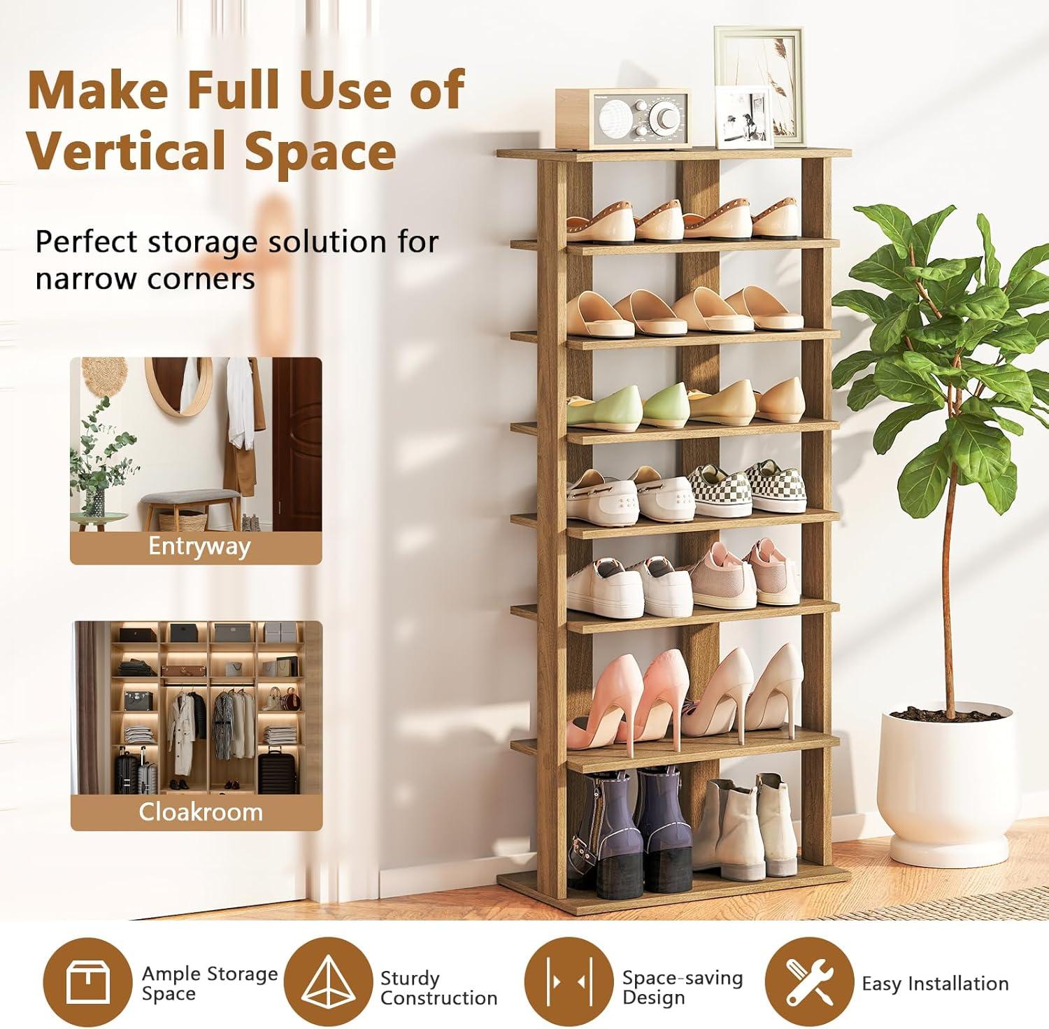 image:imageGiantex 8Tier Vertical Shoe Rack Patented Corner Shoe Storage Organizer for 8 Pairs Freestanding Narrow Shoe Rack Morden SpaceSaving Shoe Tower for Entryway Living Room Bedroom White SingleNatural