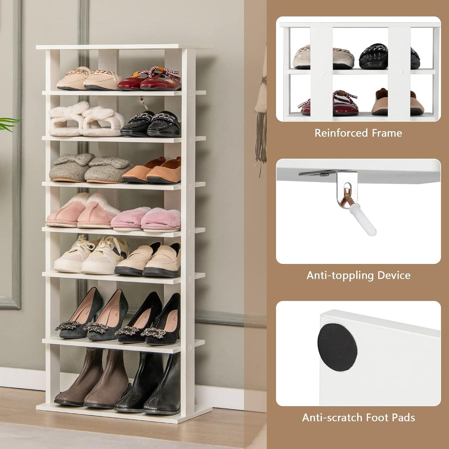 image:imageGiantex 8Tier Vertical Shoe Rack Patented Corner Shoe Storage Organizer for 8 Pairs Freestanding Narrow Shoe Rack Morden SpaceSaving Shoe Tower for Entryway Living Room Bedroom White SingleWhite