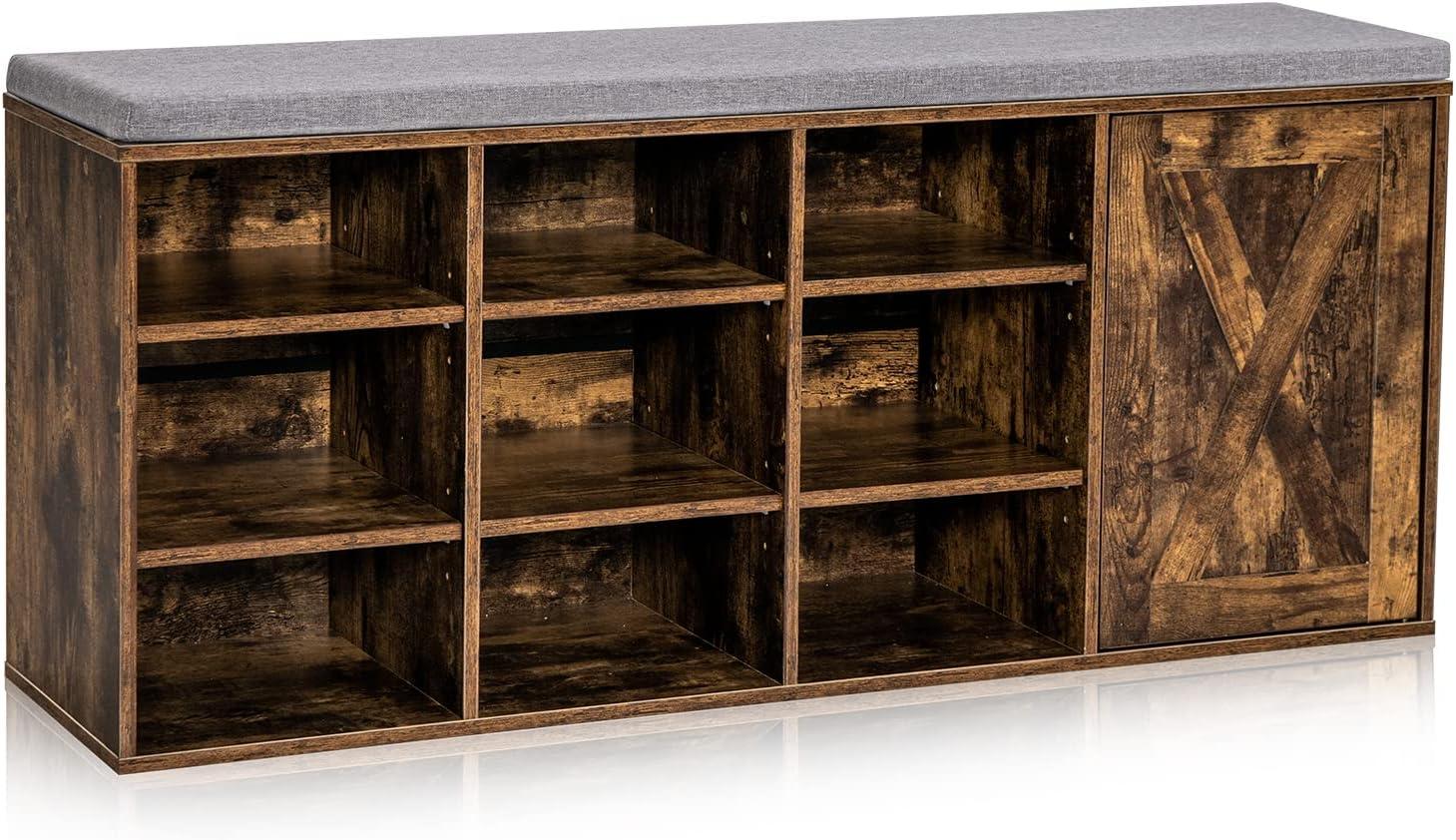 image:imageGiantex 9 Cubes Shoe Bench with Storage Adjustable Shelves Storage Bench Rack with Removable Padded Cushion 3 Tier Shoe Storage Bench with Cabinet for Entryway Hallway Rustic BrownRustic Brown
