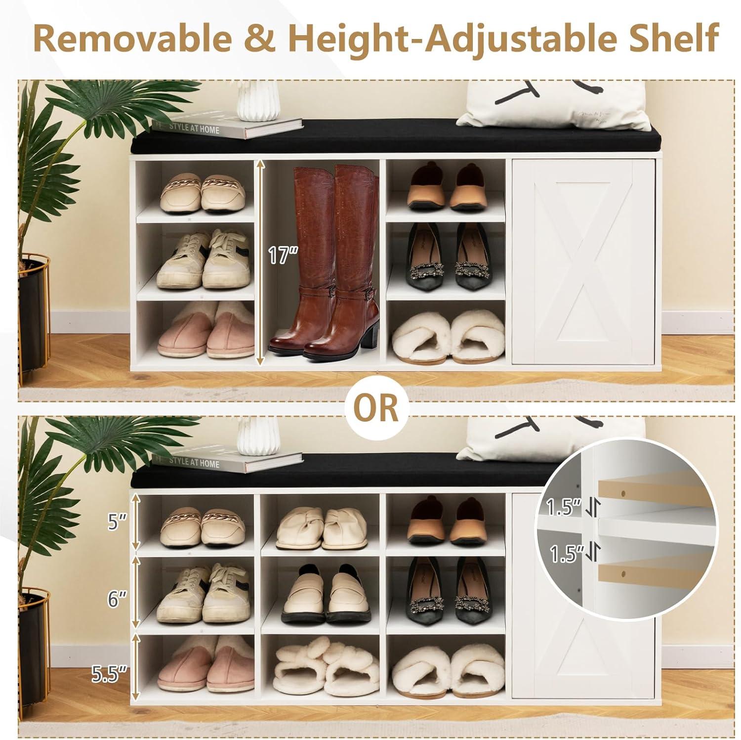 image:imageGiantex 9 Cubes Shoe Bench with Storage Adjustable Shelves Storage Bench Rack with Removable Padded Cushion 3 Tier Shoe Storage Bench with Cabinet for Entryway Hallway Rustic BrownWhite