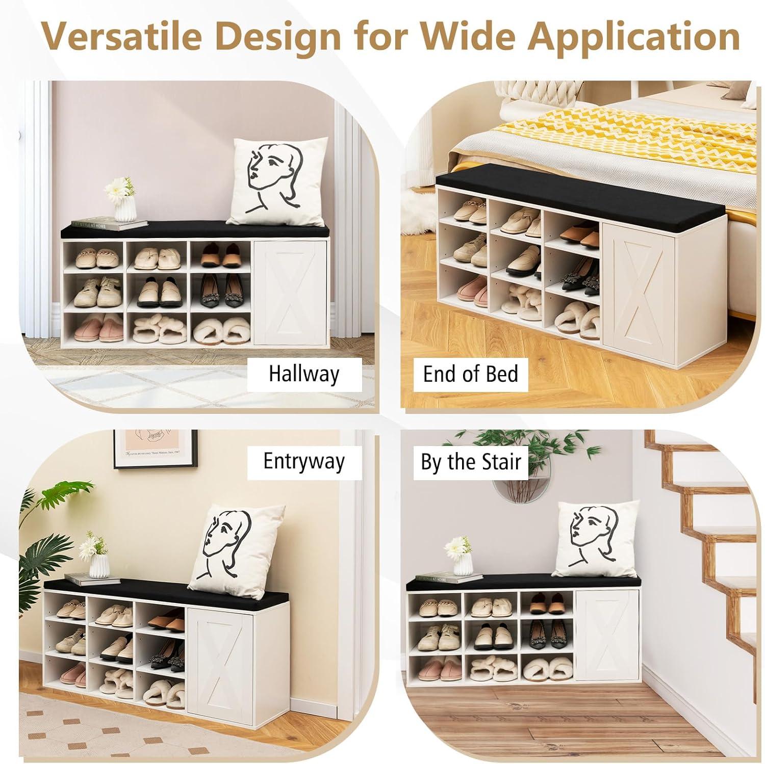 image:imageGiantex 9 Cubes Shoe Bench with Storage Adjustable Shelves Storage Bench Rack with Removable Padded Cushion 3 Tier Shoe Storage Bench with Cabinet for Entryway Hallway Rustic BrownWhite