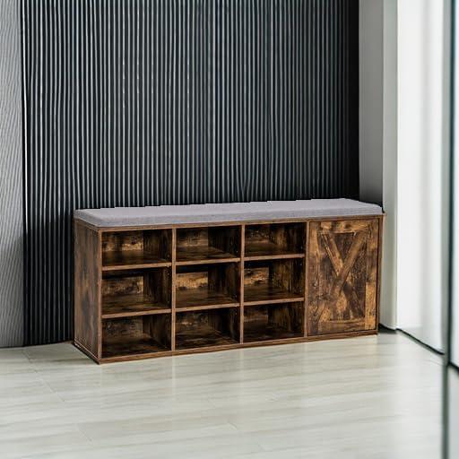 image:imageGiantex 9 Cubes Shoe Bench with Storage Adjustable Shelves Storage Bench Rack with Removable Padded Cushion 3 Tier Shoe Storage Bench with Cabinet for Entryway Hallway Rustic BrownRustic Brown