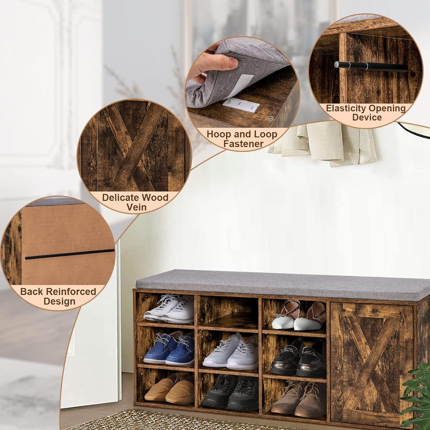 image:imageGiantex 9 Cubes Shoe Bench with Storage Adjustable Shelves Storage Bench Rack with Removable Padded Cushion 3 Tier Shoe Storage Bench with Cabinet for Entryway Hallway Rustic BrownRustic Brown