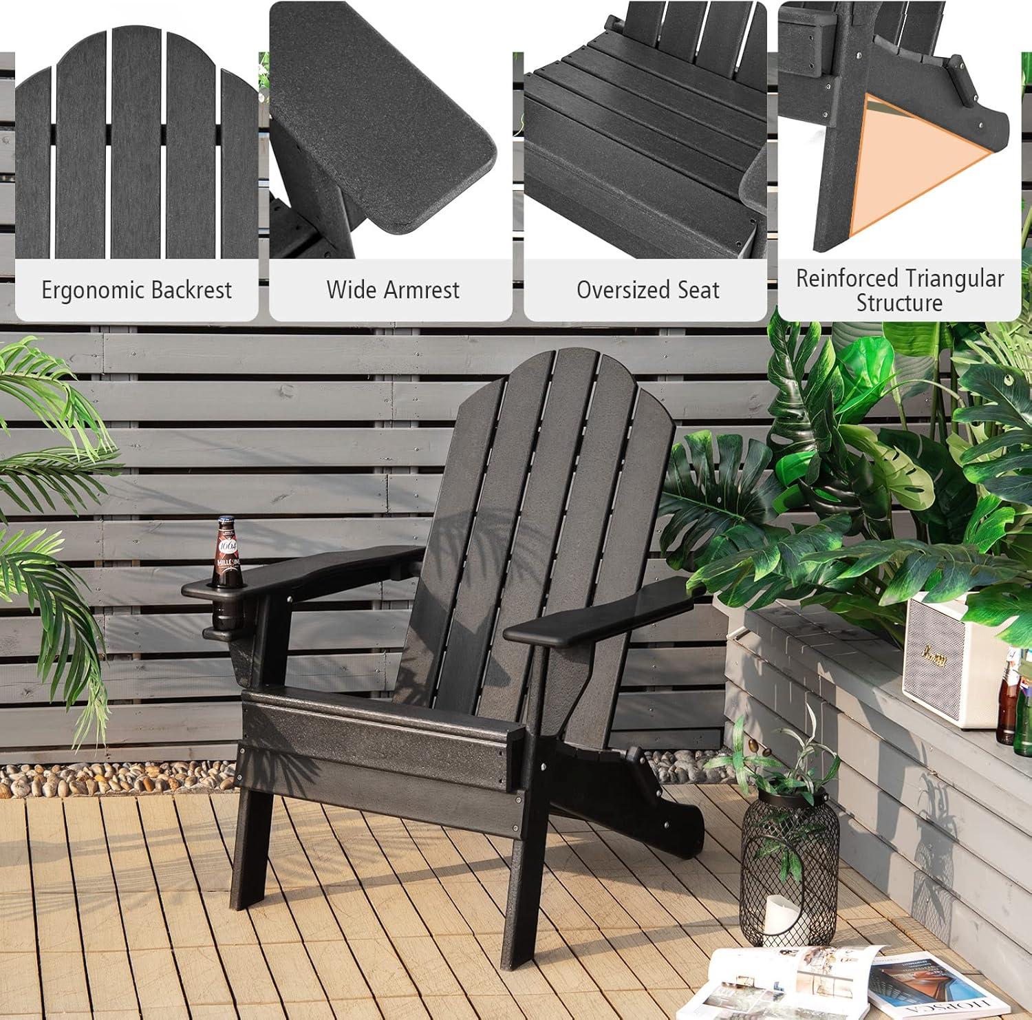 image:imageGiantex Adirondack Chair Outdoor Folding Chairs HDPE Weather Resistant Patio Chair with Builtin Cup Holder Lawn Chair for Patio Backyard Balcony Deck Outside Plastic Fire Pit Chair 4 GreyBlack
