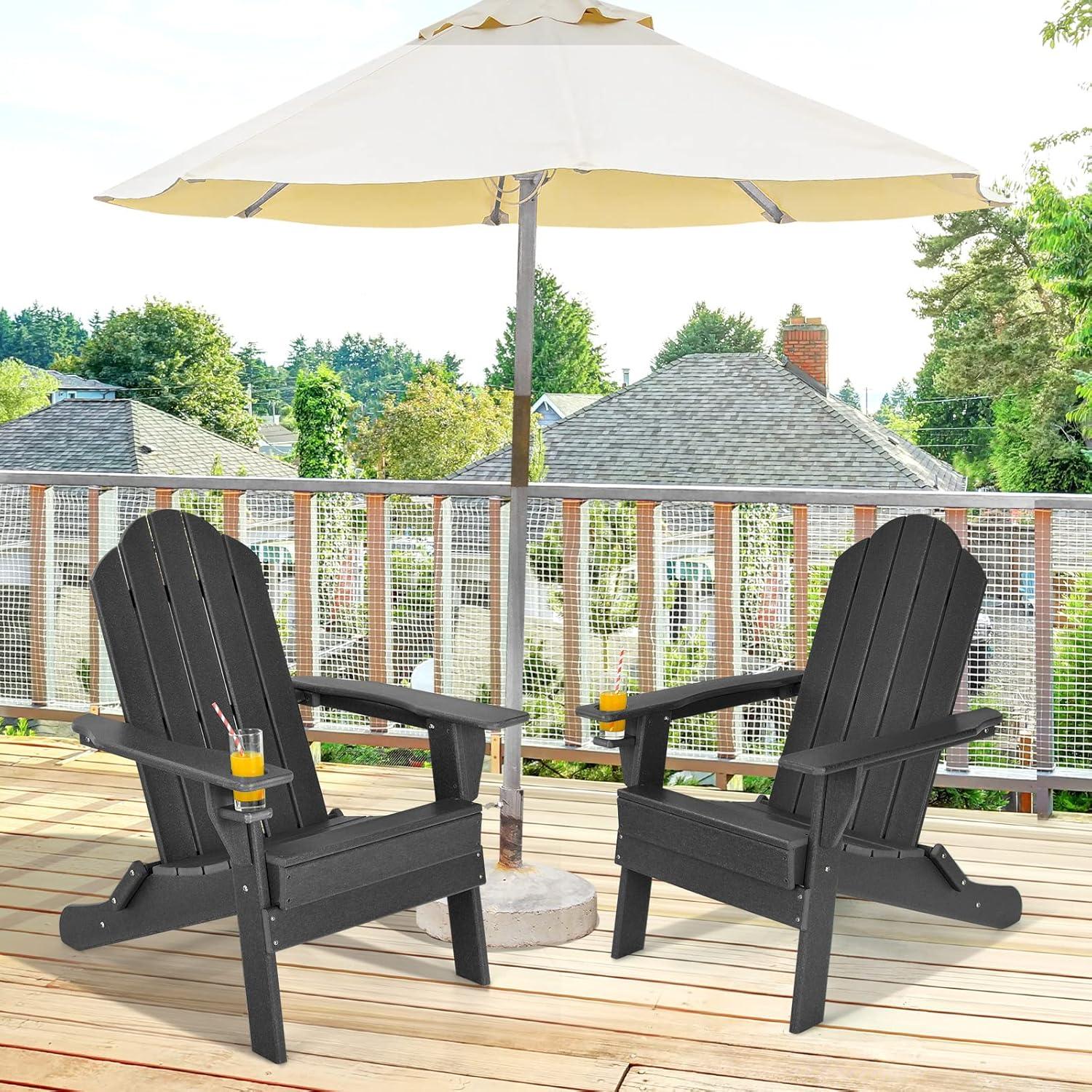 image:imageGiantex Adirondack Chair Outdoor Folding Chairs HDPE Weather Resistant Patio Chair with Builtin Cup Holder Lawn Chair for Patio Backyard Balcony Deck Outside Plastic Fire Pit Chair 4 GreyBlack