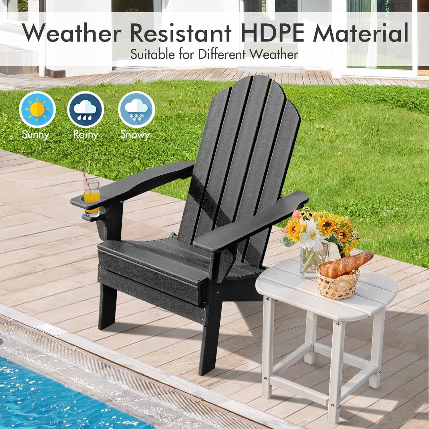 image:imageGiantex Adirondack Chair Outdoor Folding Chairs HDPE Weather Resistant Patio Chair with Builtin Cup Holder Lawn Chair for Patio Backyard Balcony Deck Outside Plastic Fire Pit Chair 4 GreyBlack