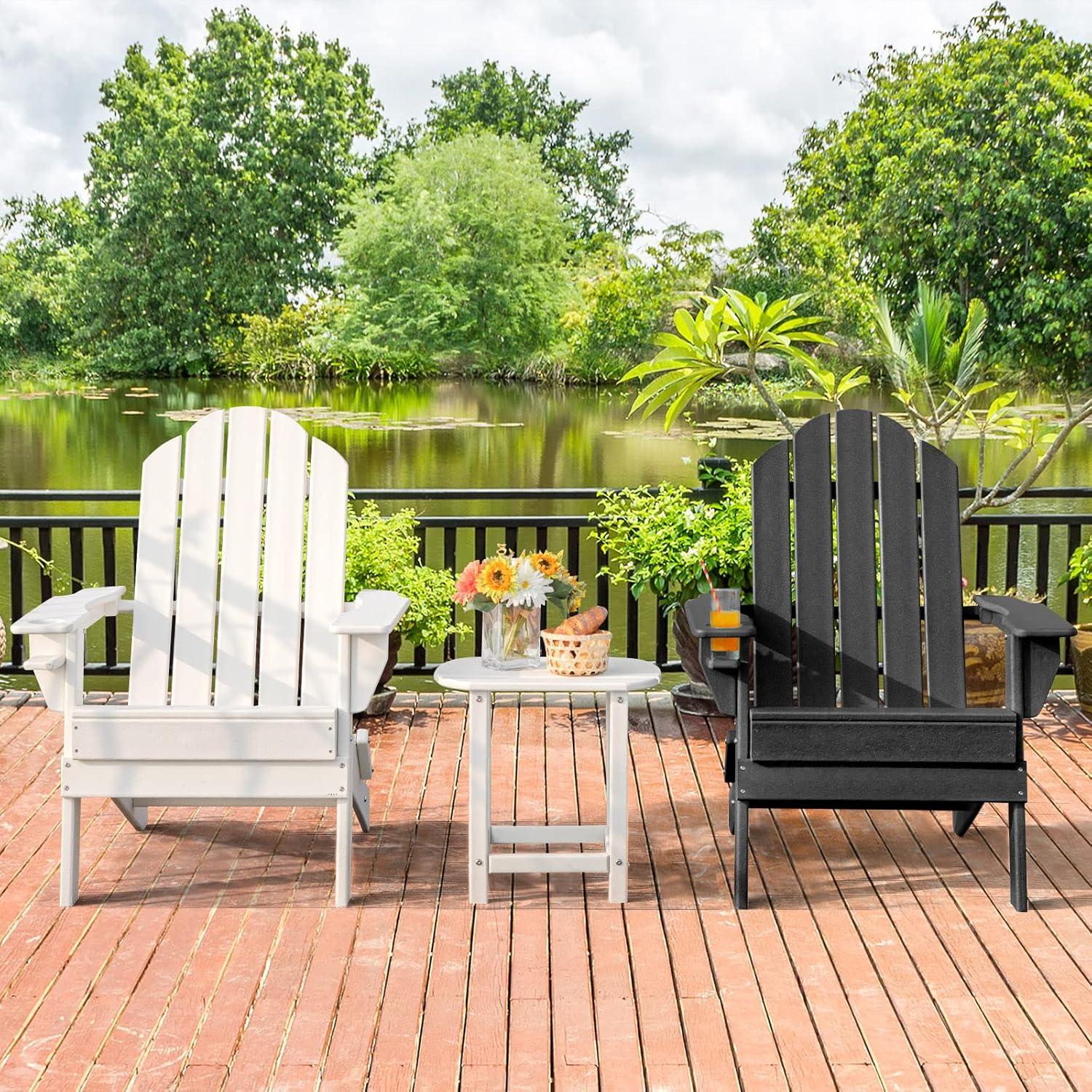 image:imageGiantex Adirondack Chair Outdoor Folding Chairs HDPE Weather Resistant Patio Chair with Builtin Cup Holder Lawn Chair for Patio Backyard Balcony Deck Outside Plastic Fire Pit Chair 4 GreyBlack