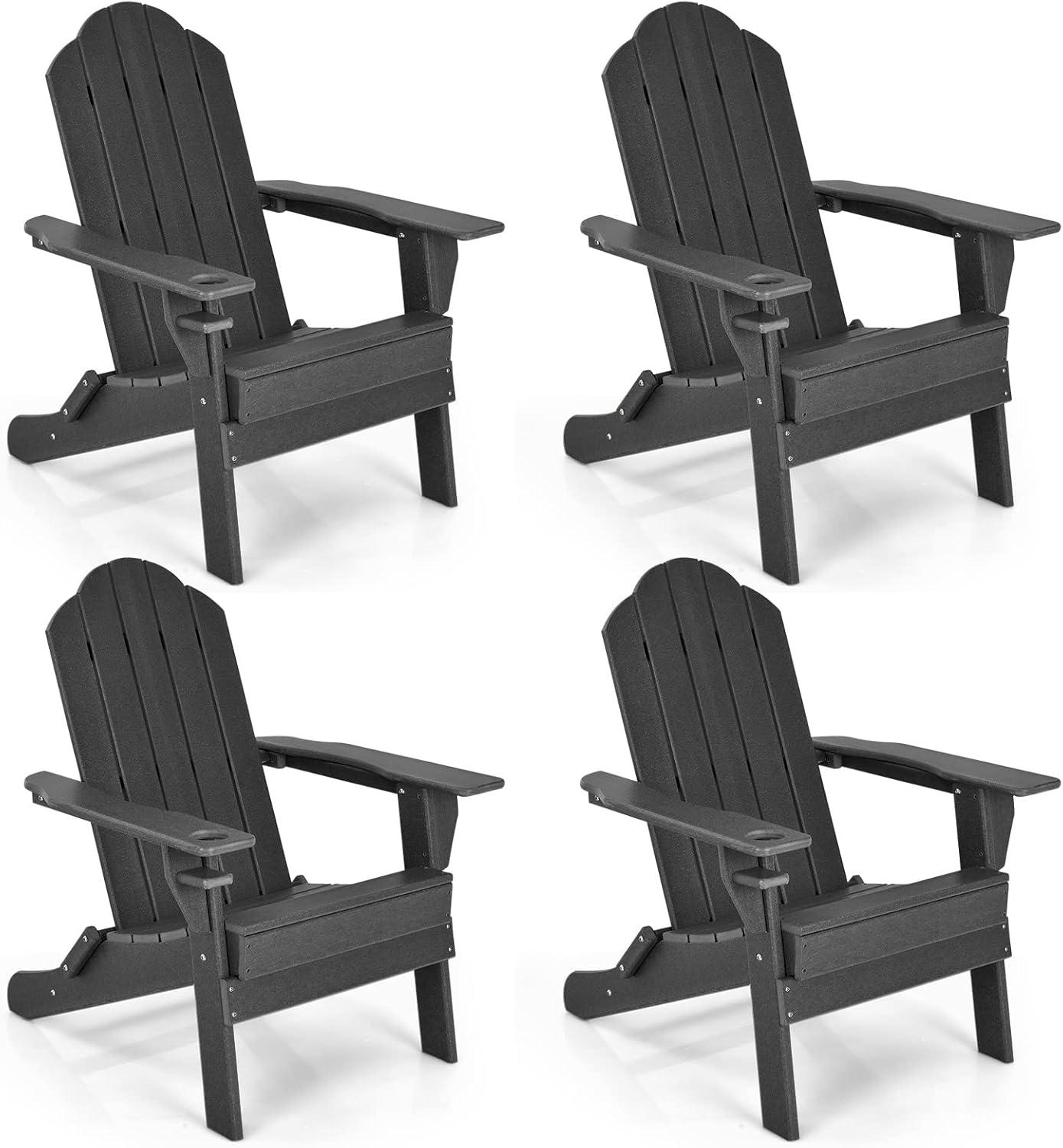 image:imageGiantex Adirondack Chair Outdoor Folding Chairs HDPE Weather Resistant Patio Chair with Builtin Cup Holder Lawn Chair for Patio Backyard Balcony Deck Outside Plastic Fire Pit Chair 4 GreyBlack
