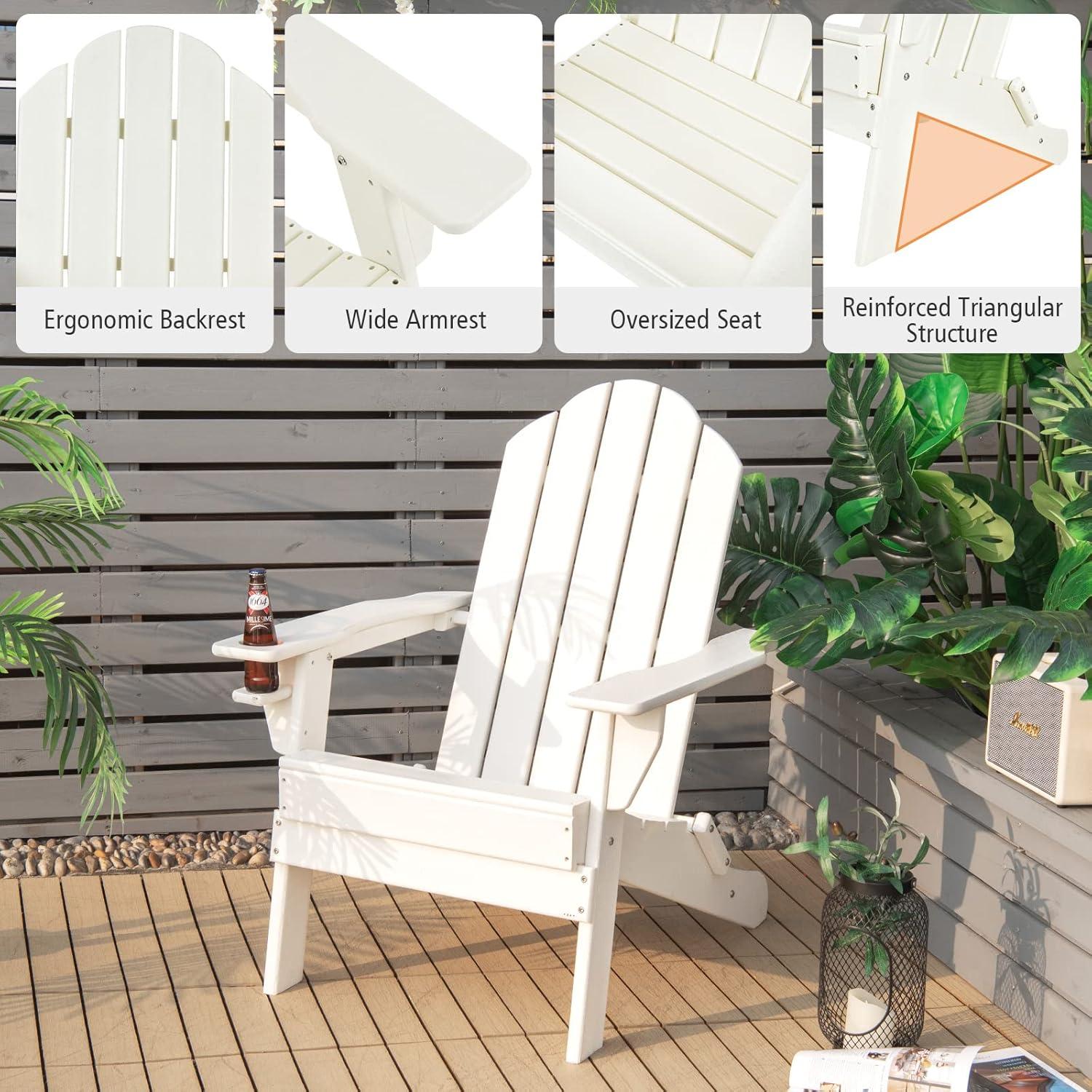 image:imageGiantex Adirondack Chair Outdoor Folding Chairs HDPE Weather Resistant Patio Chair with Builtin Cup Holder Lawn Chair for Patio Backyard Balcony Deck Outside Plastic Fire Pit Chair 4 GreyWhite