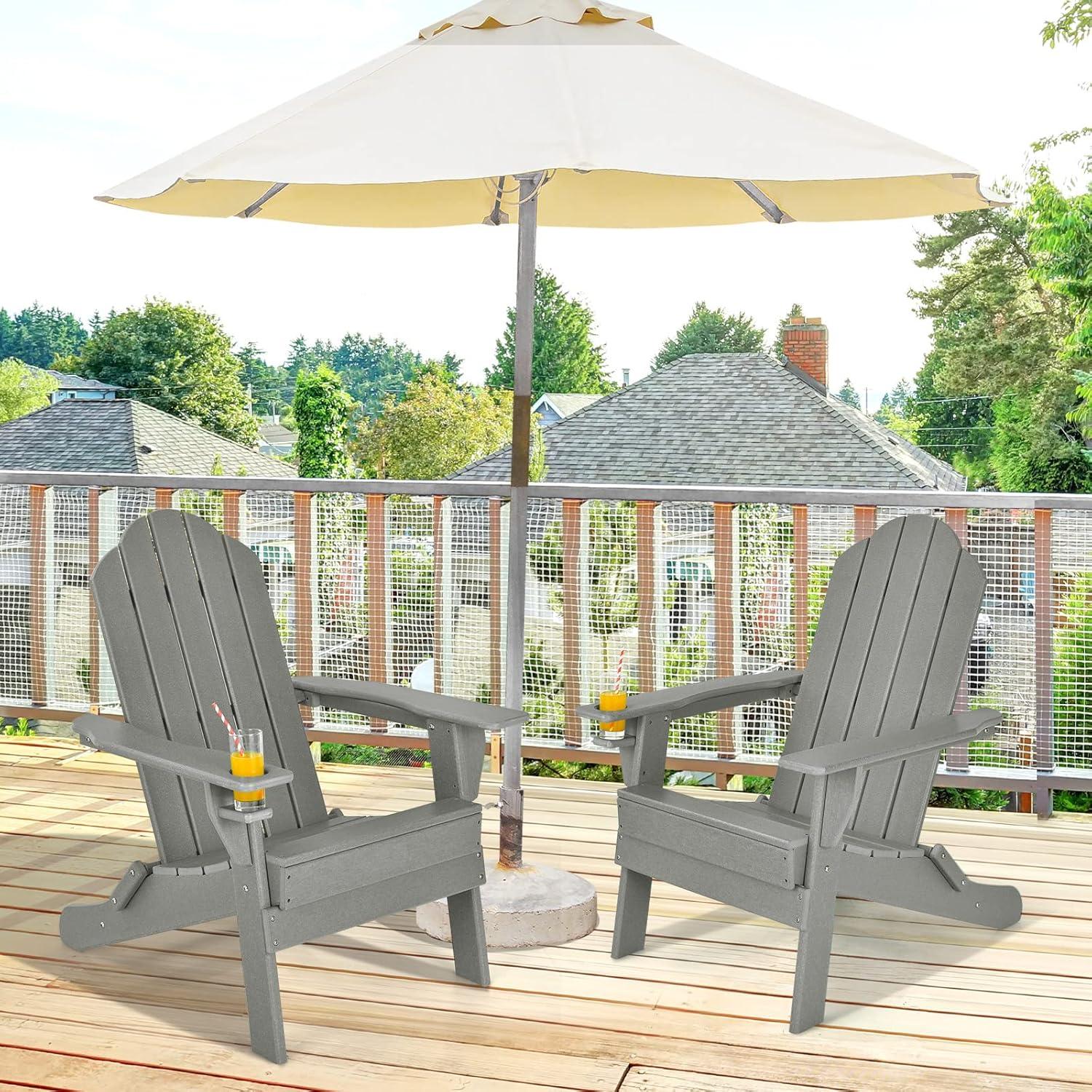 image:imageGiantex Adirondack Chair Outdoor Folding Chairs HDPE Weather Resistant Patio Chair with Builtin Cup Holder Lawn Chair for Patio Backyard Balcony Deck Outside Plastic Fire Pit Chair 4 GreyGrey