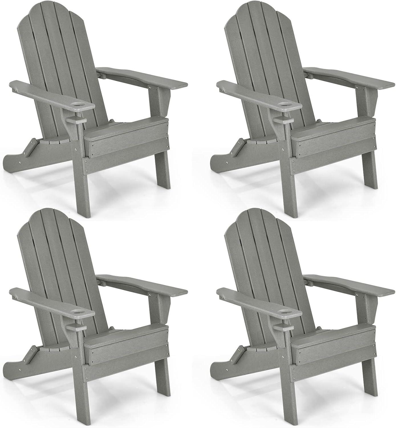 image:imageGiantex Adirondack Chair Outdoor Folding Chairs HDPE Weather Resistant Patio Chair with Builtin Cup Holder Lawn Chair for Patio Backyard Balcony Deck Outside Plastic Fire Pit Chair 4 GreyGrey