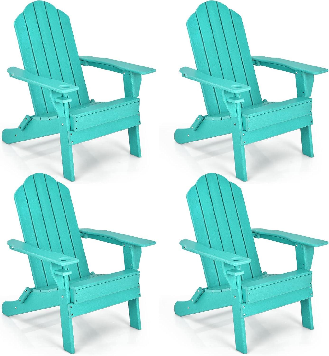 image:imageGiantex Adirondack Chair Outdoor Folding Chairs HDPE Weather Resistant Patio Chair with Builtin Cup Holder Lawn Chair for Patio Backyard Balcony Deck Outside Plastic Fire Pit Chair 4 GreyTurquoise