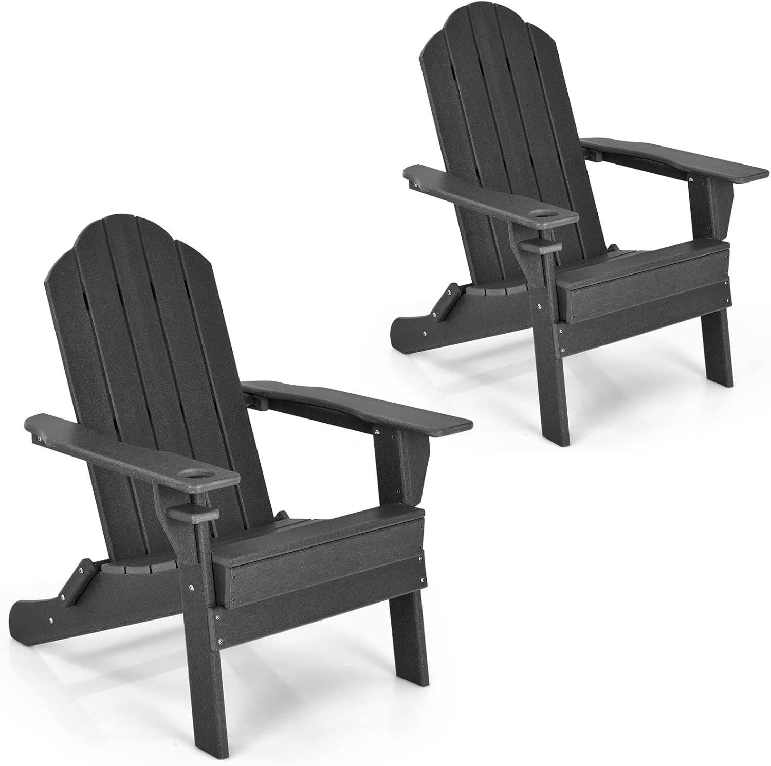 image:imageGiantex Adirondack Chair Outdoor Folding Chairs HDPE Weather Resistant Patio Chair with Builtin Cup Holder Lawn Chair for Patio Backyard Balcony Deck Outside Plastic Fire Pit Chair 4 GreyBlack