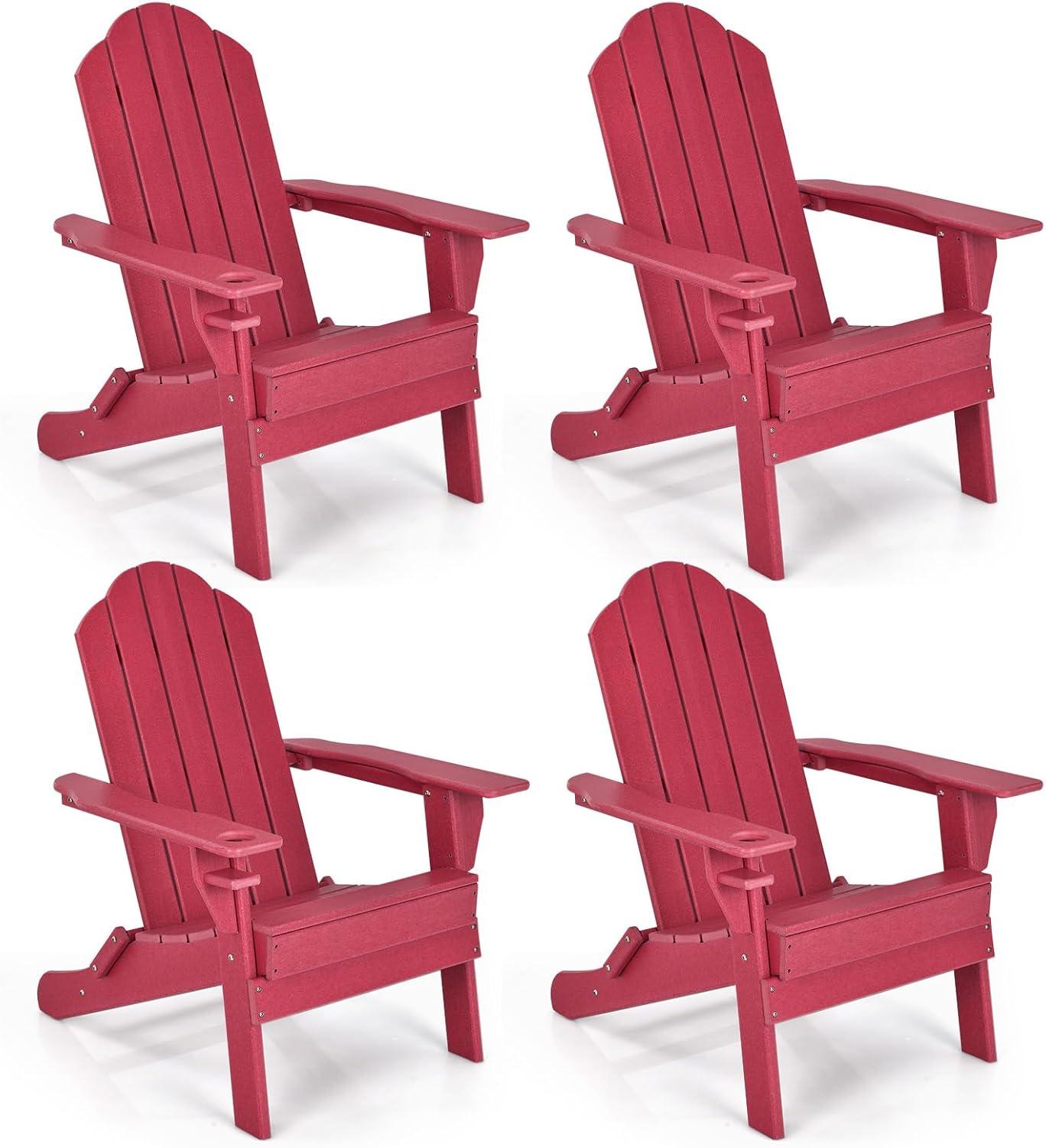 image:imageGiantex Adirondack Chair Outdoor Folding Chairs HDPE Weather Resistant Patio Chair with Builtin Cup Holder Lawn Chair for Patio Backyard Balcony Deck Outside Plastic Fire Pit Chair 4 GreyRed