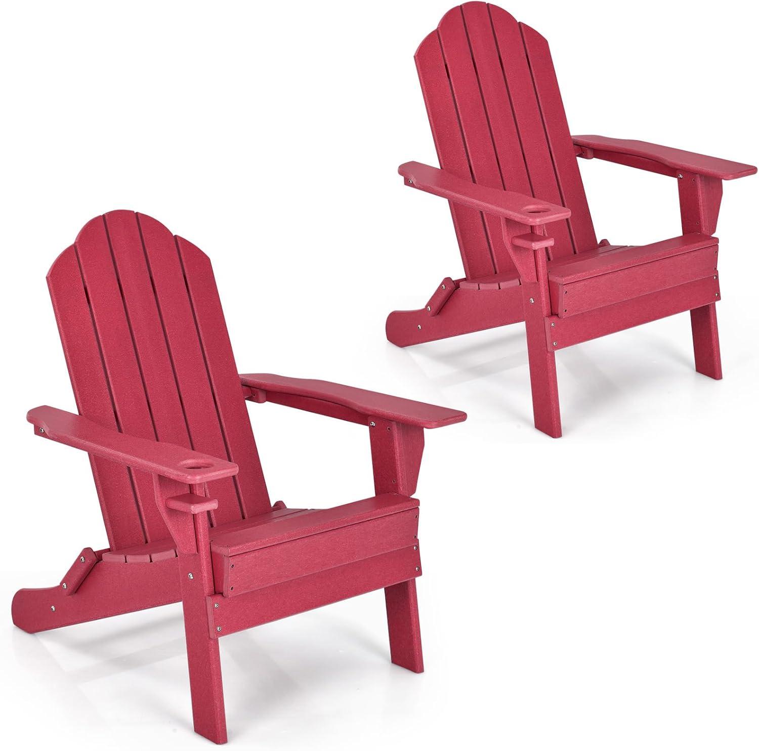 image:imageGiantex Adirondack Chair Outdoor Folding Chairs HDPE Weather Resistant Patio Chair with Builtin Cup Holder Lawn Chair for Patio Backyard Balcony Deck Outside Plastic Fire Pit Chair 4 GreyRed