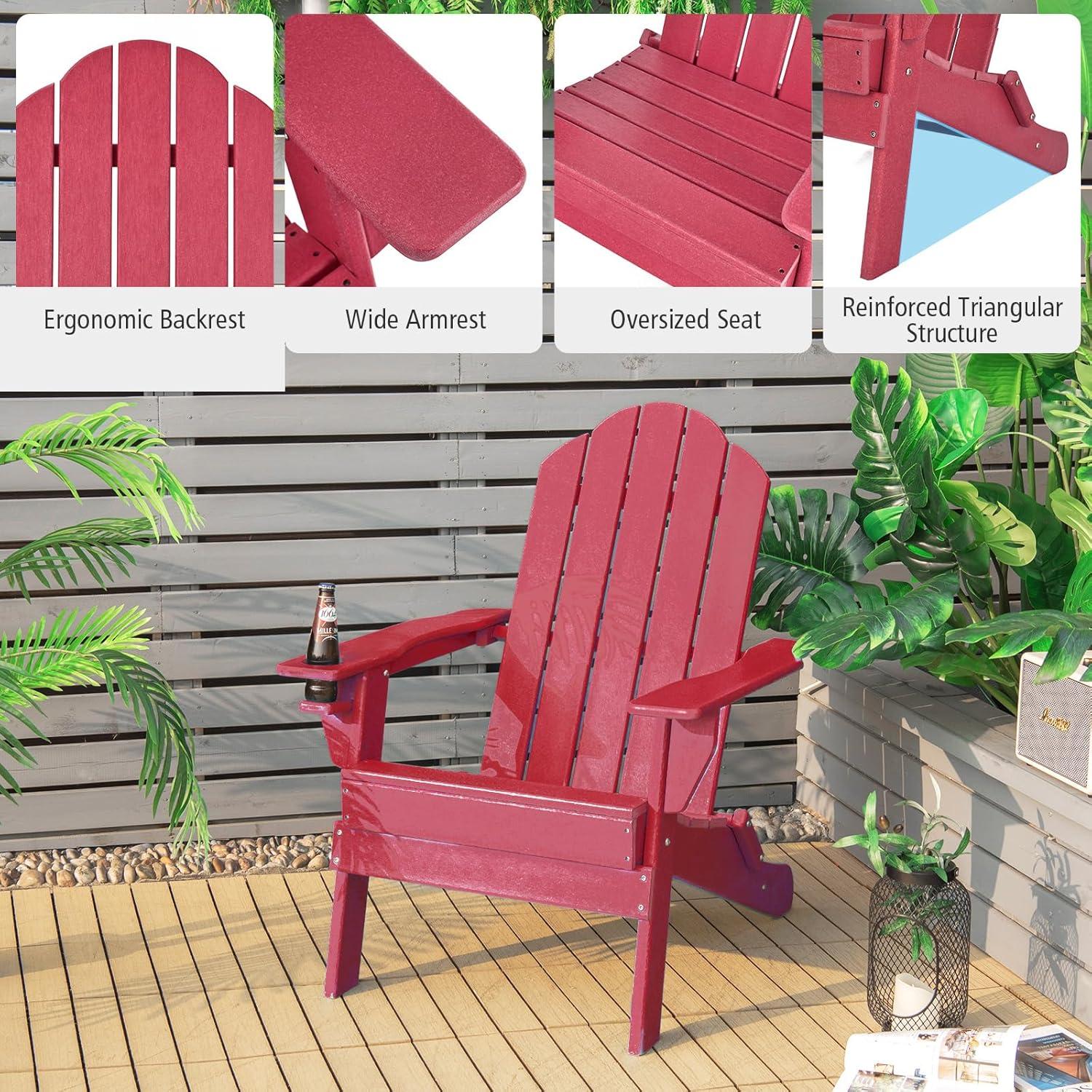 image:imageGiantex Adirondack Chair Outdoor Folding Chairs HDPE Weather Resistant Patio Chair with Builtin Cup Holder Lawn Chair for Patio Backyard Balcony Deck Outside Plastic Fire Pit Chair 4 GreyRed