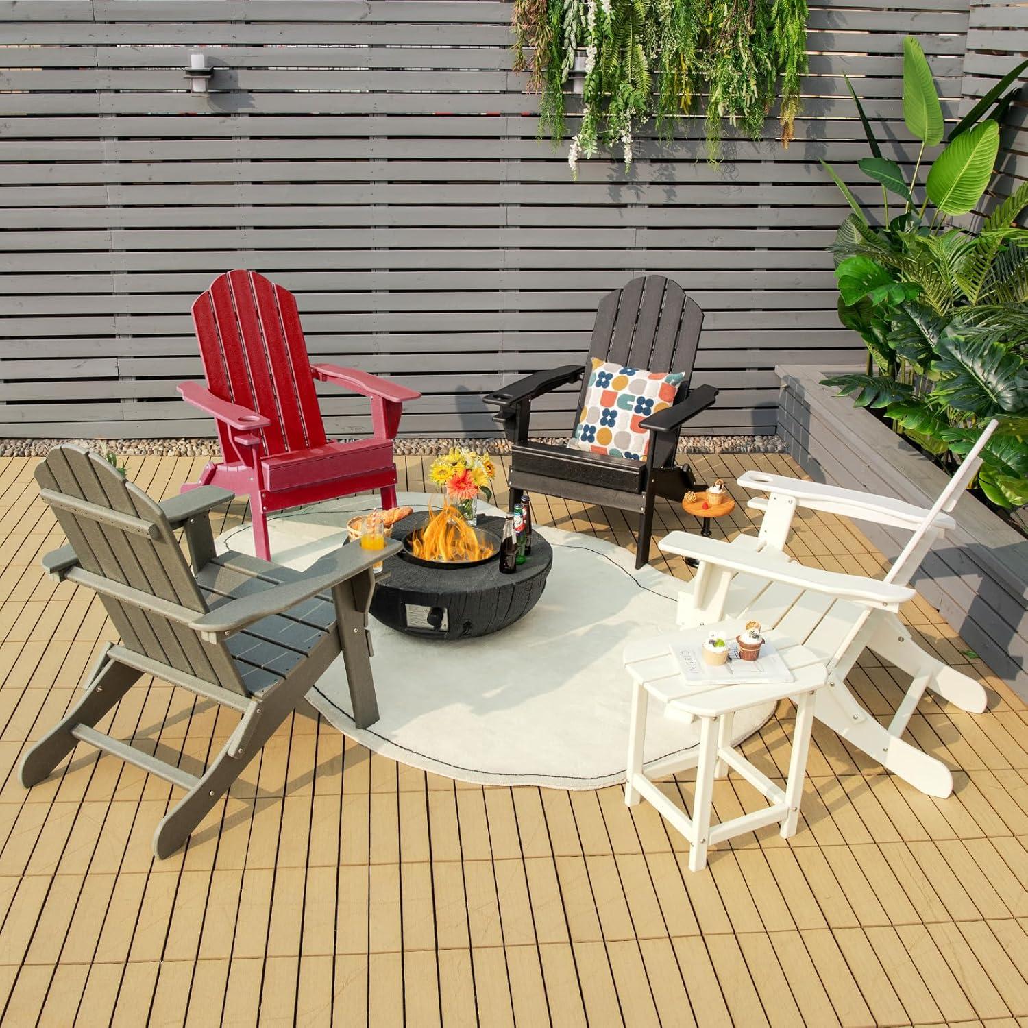 image:imageGiantex Adirondack Chair Outdoor Folding Chairs HDPE Weather Resistant Patio Chair with Builtin Cup Holder Lawn Chair for Patio Backyard Balcony Deck Outside Plastic Fire Pit Chair 4 GreyRed