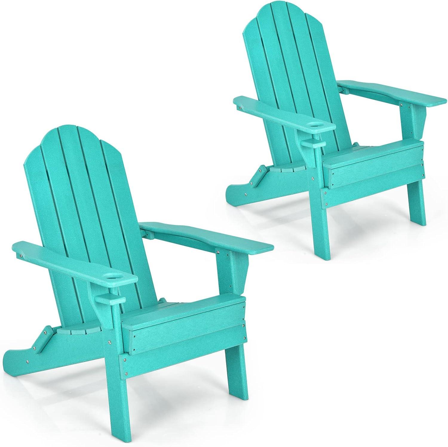 image:imageGiantex Adirondack Chair Outdoor Folding Chairs HDPE Weather Resistant Patio Chair with Builtin Cup Holder Lawn Chair for Patio Backyard Balcony Deck Outside Plastic Fire Pit Chair 4 GreyTurquoise