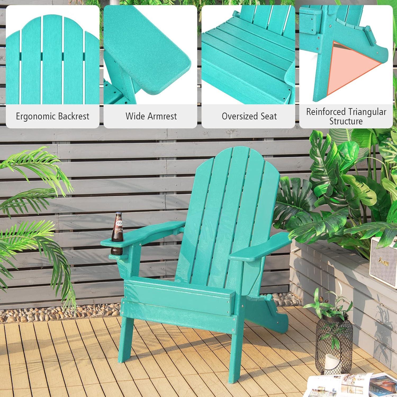 image:imageGiantex Adirondack Chair Outdoor Folding Chairs HDPE Weather Resistant Patio Chair with Builtin Cup Holder Lawn Chair for Patio Backyard Balcony Deck Outside Plastic Fire Pit Chair 4 GreyTurquoise