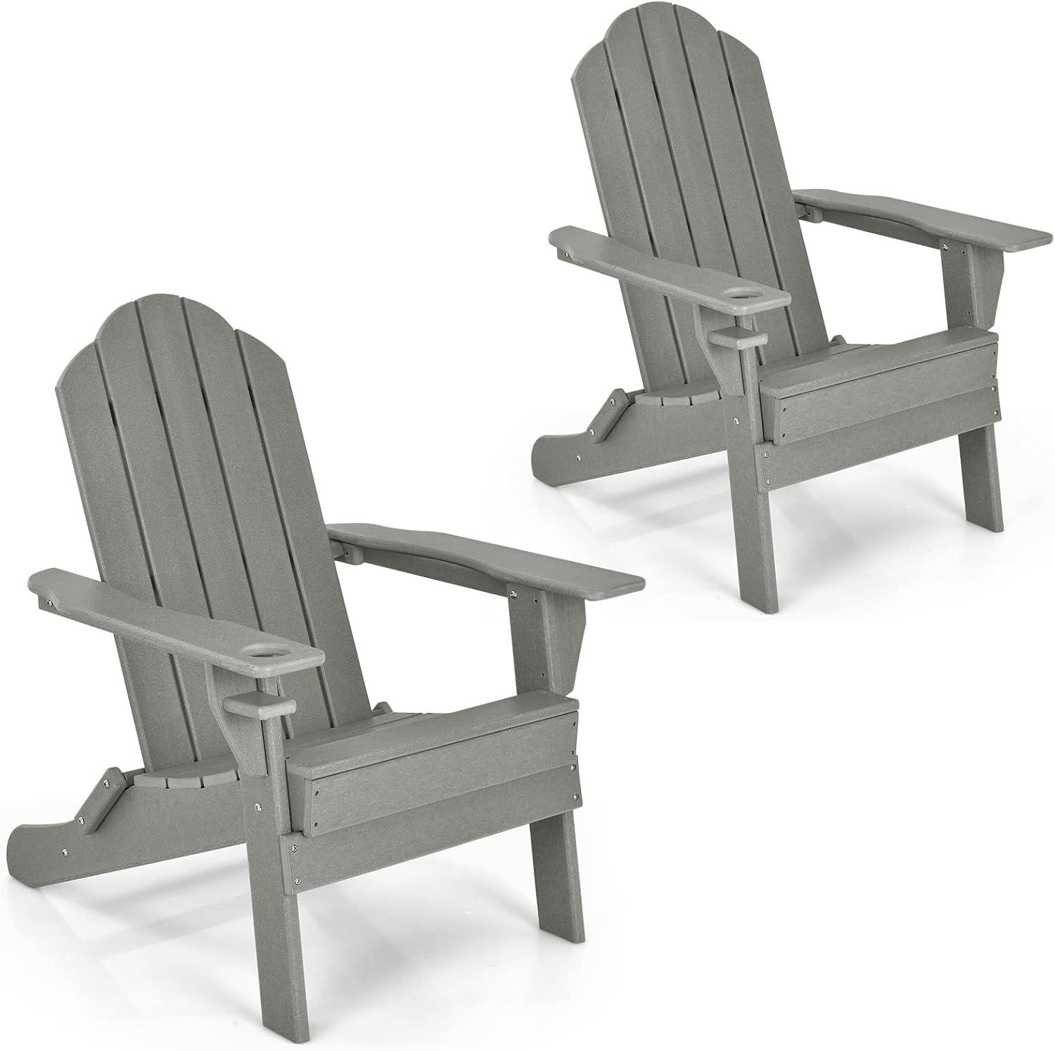 image:imageGiantex Adirondack Chair Outdoor Folding Chairs HDPE Weather Resistant Patio Chair with Builtin Cup Holder Lawn Chair for Patio Backyard Balcony Deck Outside Plastic Fire Pit Chair 4 GreyGrey
