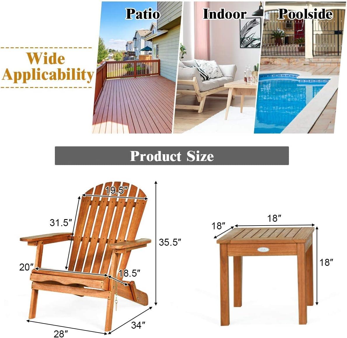 image:imageGiantex Adirondack Chair Set 3Piece Foldable Wooden Chairs Set WWidened Armrest Eucalyptus Frame and Side Table Outdoor amp Indoor Table Set for Patio Poolside Garden Set of 3 Wooden Lounger Chair