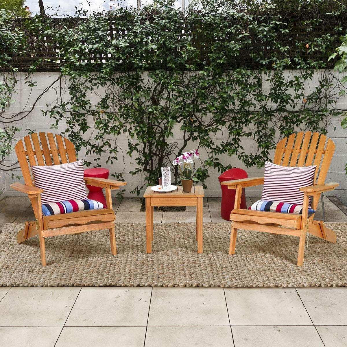 image:imageGiantex Adirondack Chair Set 3Piece Foldable Wooden Chairs Set WWidened Armrest Eucalyptus Frame and Side Table Outdoor amp Indoor Table Set for Patio Poolside Garden Set of 3 Wooden Lounger Chair