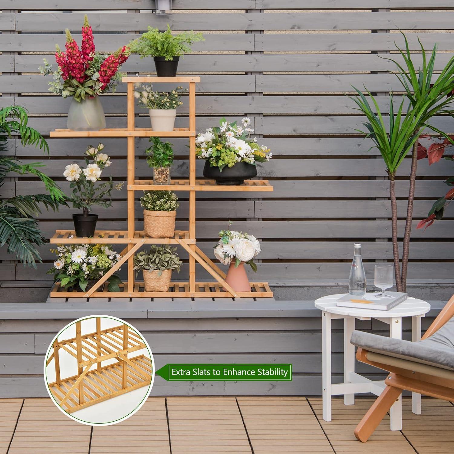 image:imageGiantex Bamboo 5 Tier 10 Potted Plant Stand Indoor Outdoor Multiple Flower Pot Holder Display Rack 39 High Wood Plant Shelf for Living Room Corner Balcony Garden Office Natural