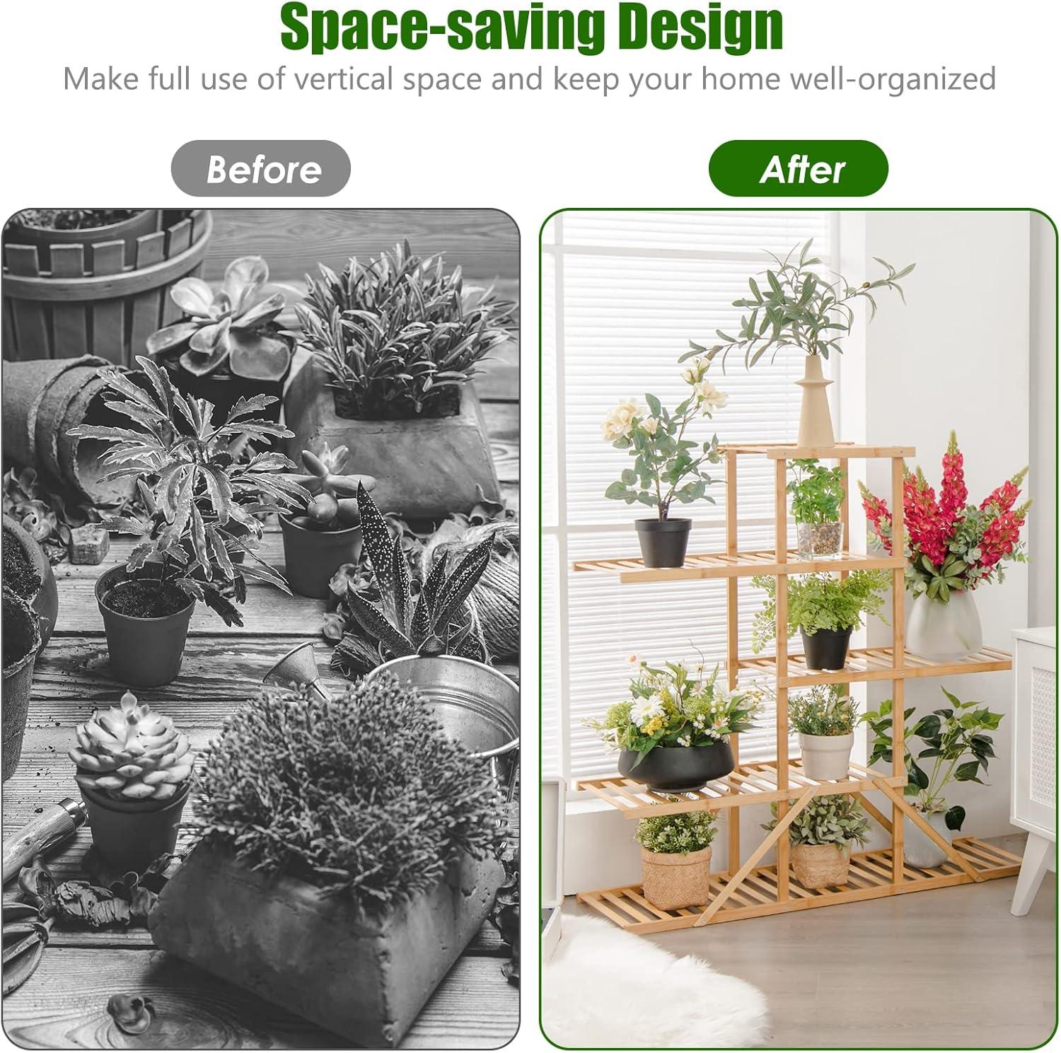 image:imageGiantex Bamboo 5 Tier 10 Potted Plant Stand Indoor Outdoor Multiple Flower Pot Holder Display Rack 39 High Wood Plant Shelf for Living Room Corner Balcony Garden Office Natural