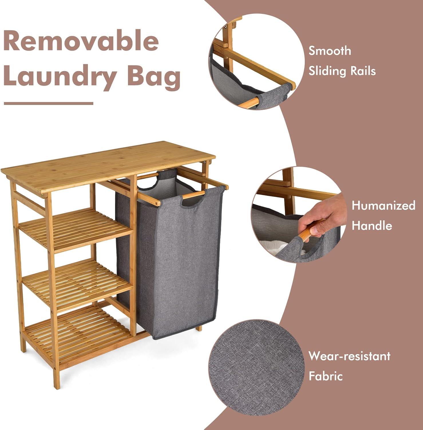image:imageGiantex Bamboo Laundry Hamper Stand Freestanding Laundry Organizer wRemovable Sliding Bag amp 3Tier Open Shelves Multipurpose Utility Storage Cabinet for Bathroom Living Room Bedroom Natural