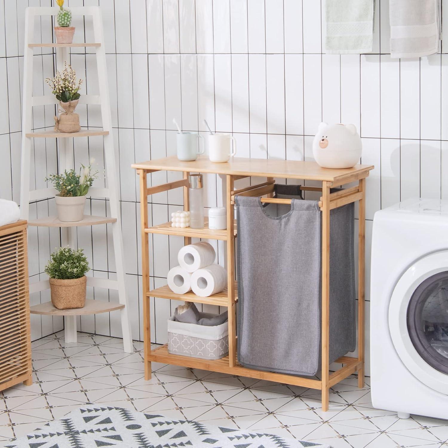 image:imageGiantex Bamboo Laundry Hamper Stand Freestanding Laundry Organizer wRemovable Sliding Bag amp 3Tier Open Shelves Multipurpose Utility Storage Cabinet for Bathroom Living Room Bedroom Natural