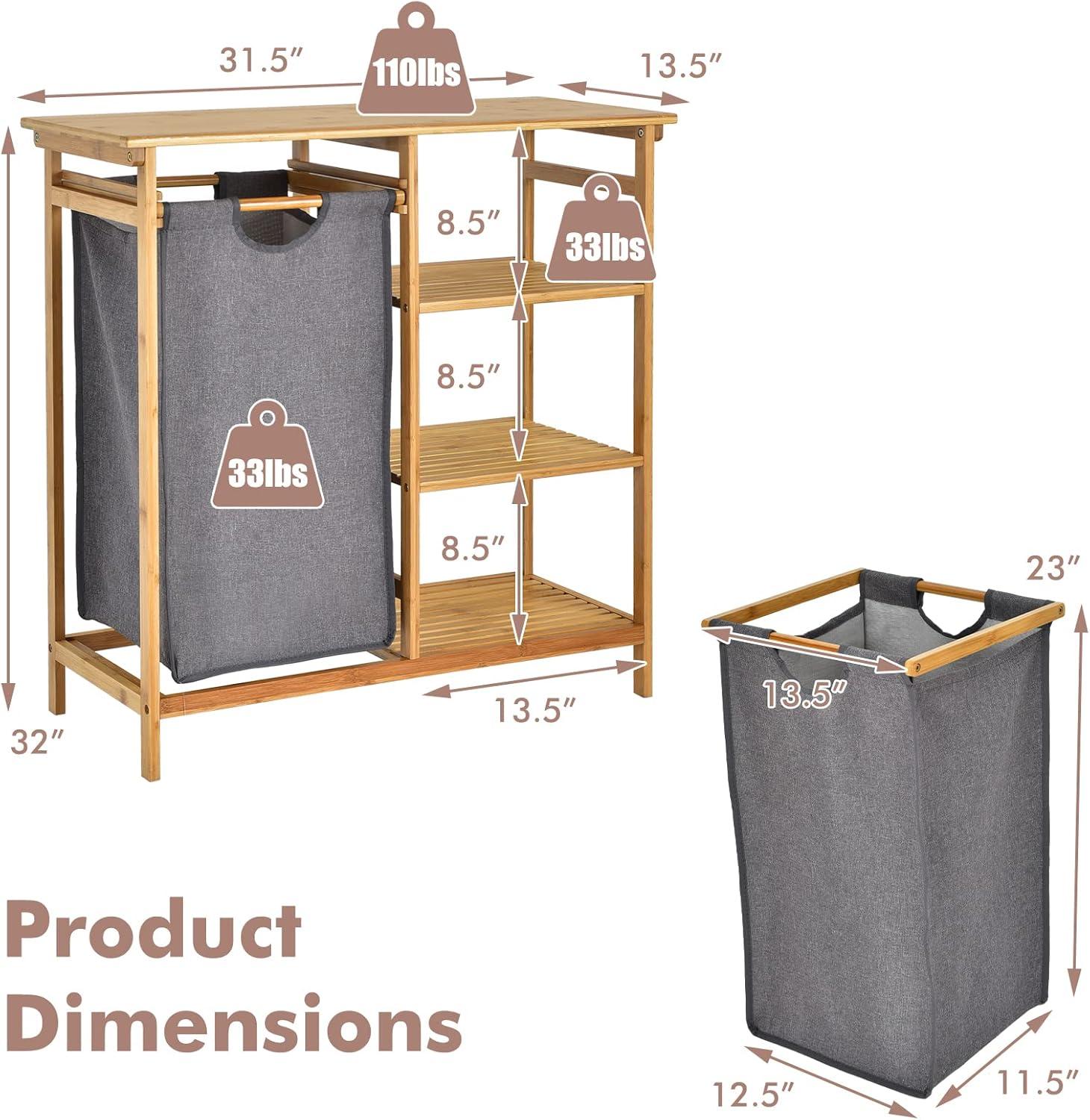 image:imageGiantex Bamboo Laundry Hamper Stand Freestanding Laundry Organizer wRemovable Sliding Bag amp 3Tier Open Shelves Multipurpose Utility Storage Cabinet for Bathroom Living Room Bedroom Natural