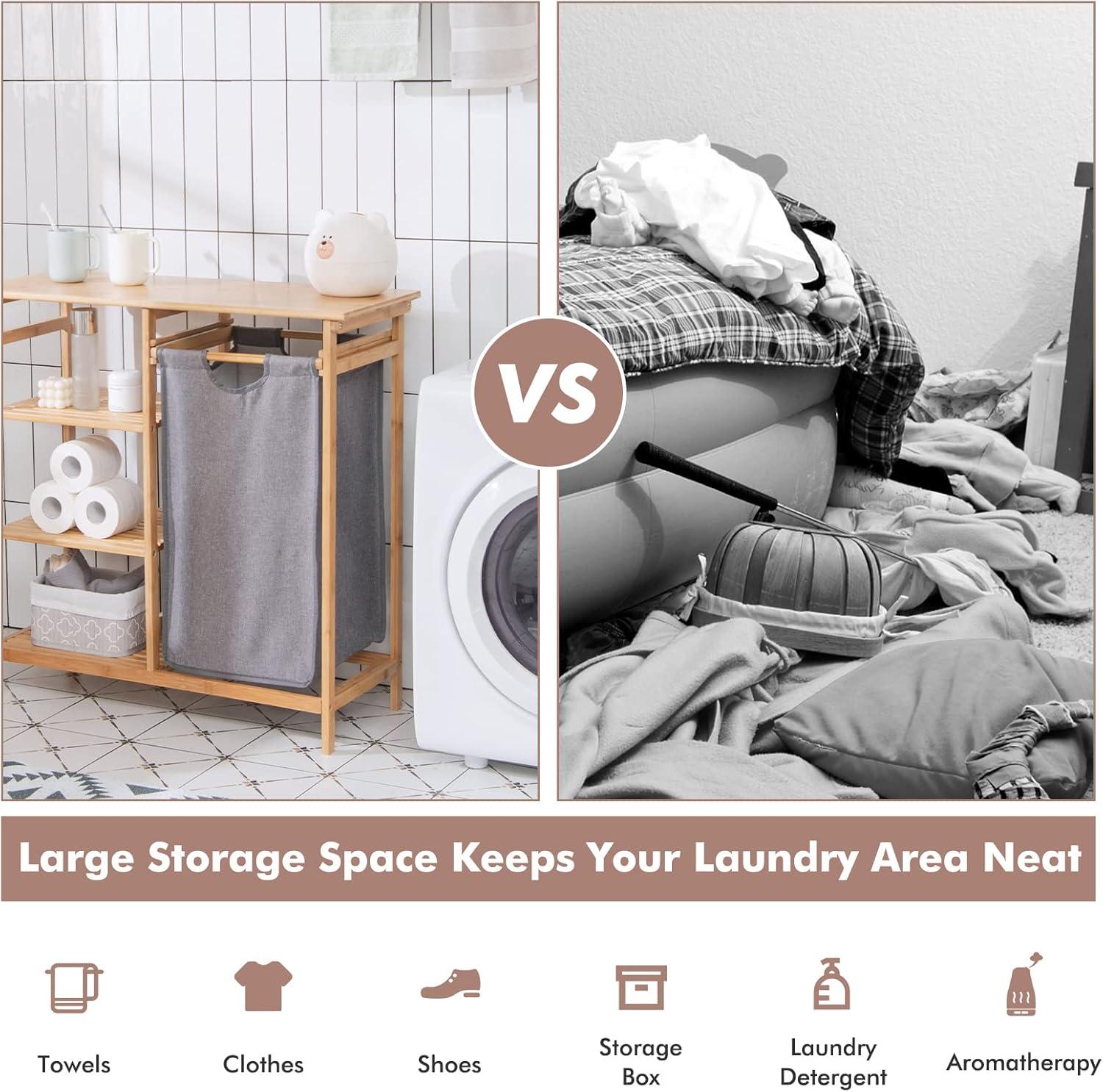 image:imageGiantex Bamboo Laundry Hamper Stand Freestanding Laundry Organizer wRemovable Sliding Bag amp 3Tier Open Shelves Multipurpose Utility Storage Cabinet for Bathroom Living Room Bedroom Natural