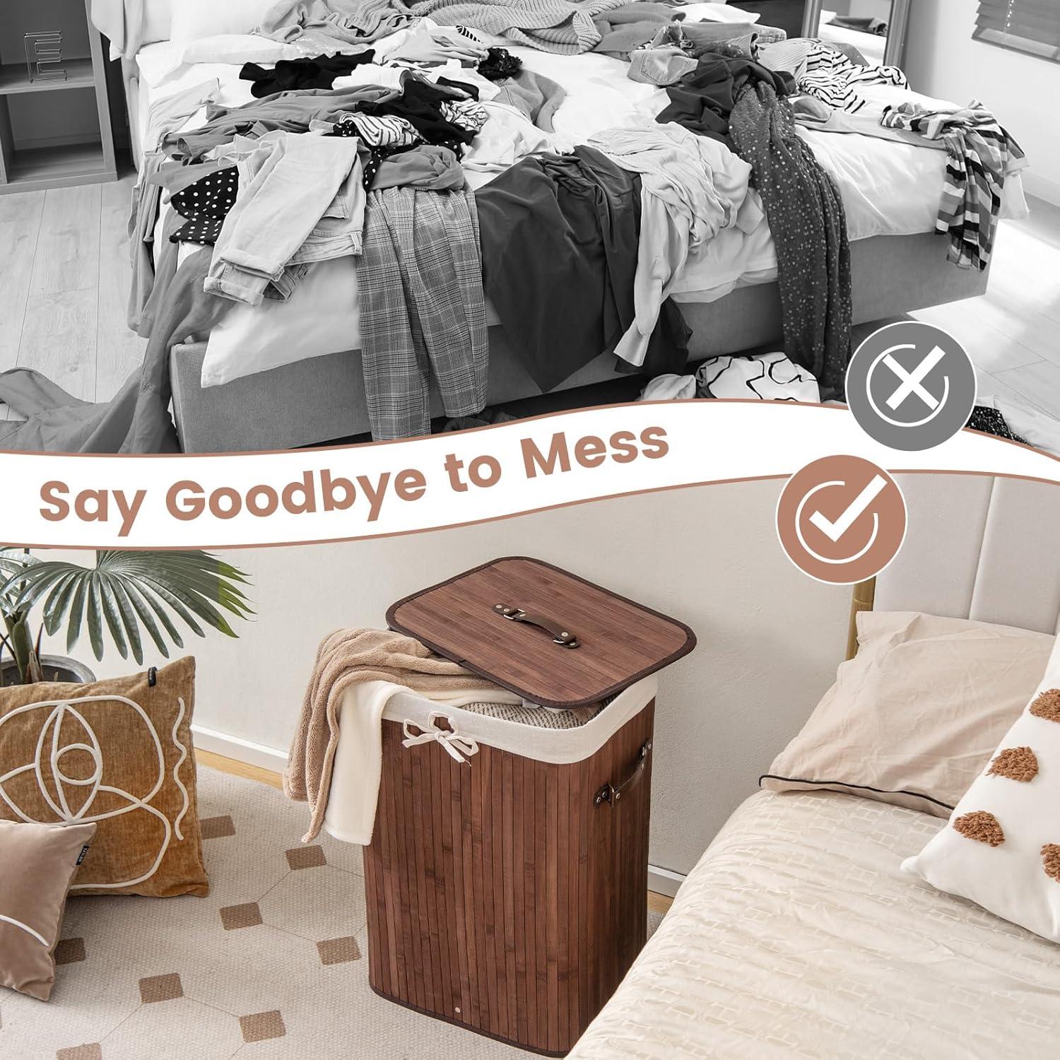 image:imageGiantex Bamboo Laundry Hamper with Lid 72L Large amp Tall Clothes Hamper with Removable Liner amp Handles Rectangular Laundry Basket for Small Spaces Laundry Room Bedroom BrownBrown