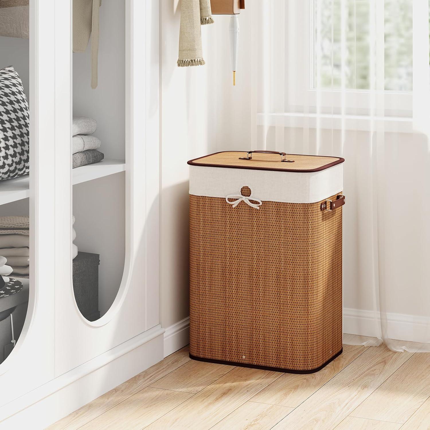 image:imageGiantex Bamboo Laundry Hamper with Lid 72L Large amp Tall Clothes Hamper with Removable Liner amp Handles Rectangular Laundry Basket for Small Spaces Laundry Room Bedroom BrownBamboo