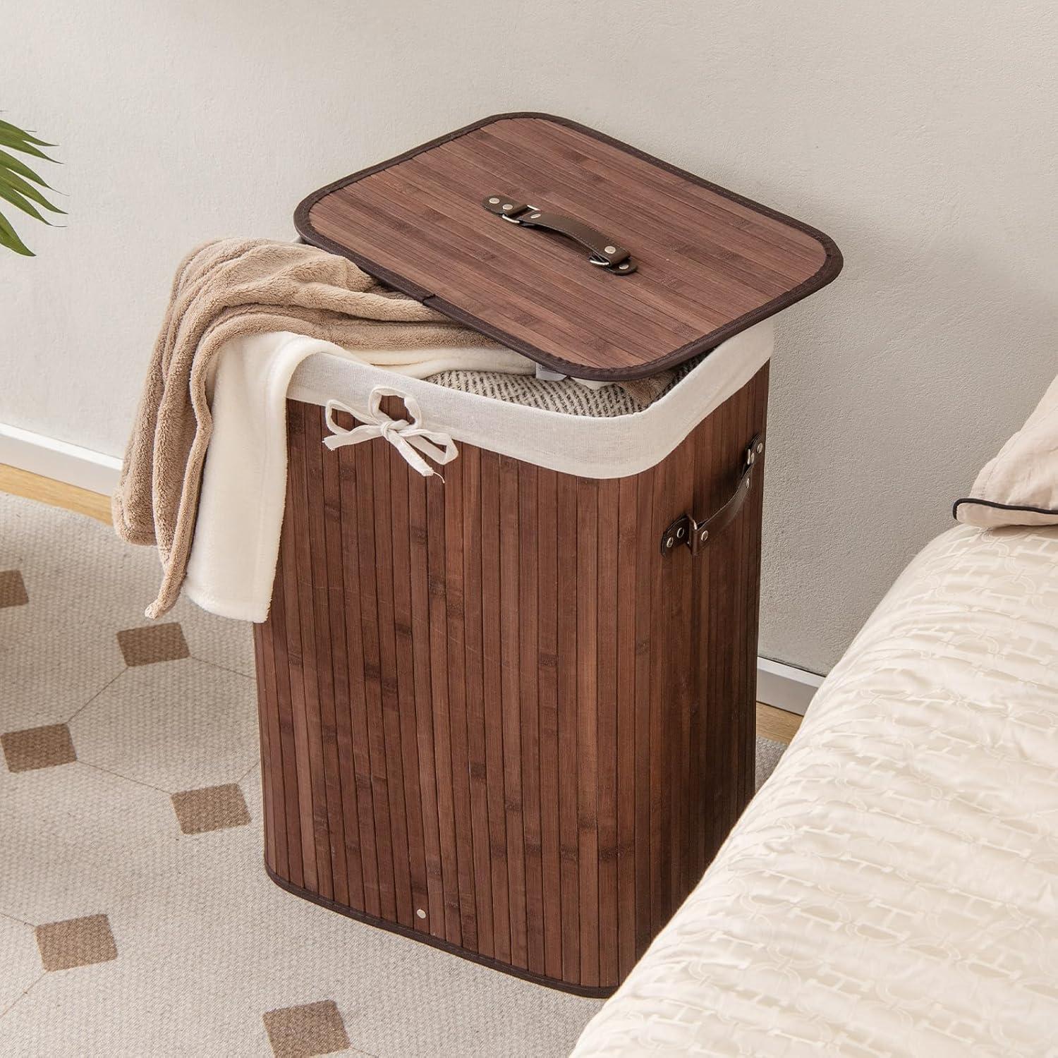image:imageGiantex Bamboo Laundry Hamper with Lid 72L Large amp Tall Clothes Hamper with Removable Liner amp Handles Rectangular Laundry Basket for Small Spaces Laundry Room Bedroom BrownBrown